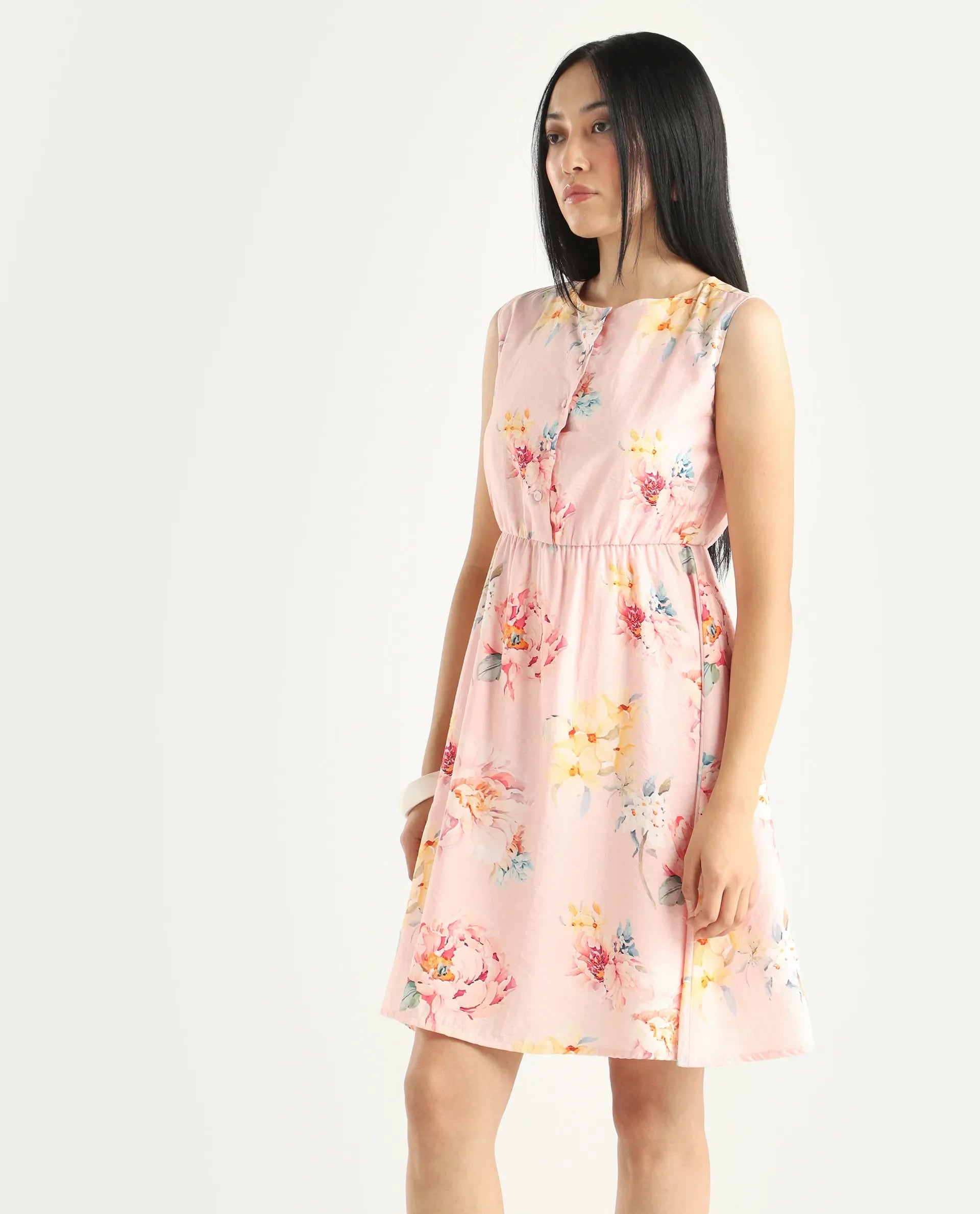 Rareism Women's Nupic Pink Viscose Blend Round Neck Floral Print Mini Flared Dress