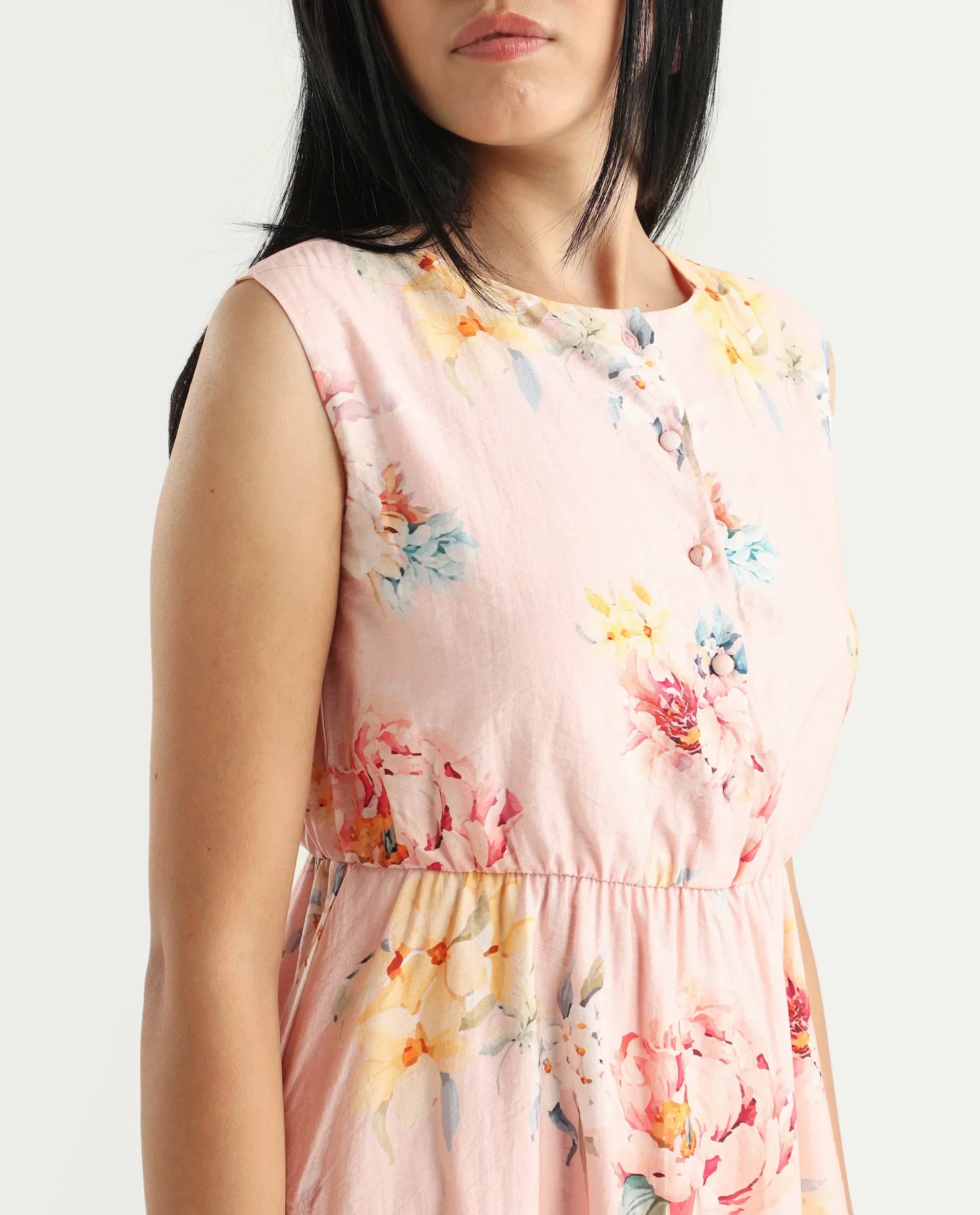 Rareism Women's Nupic Pink Viscose Blend Round Neck Floral Print Mini Flared Dress