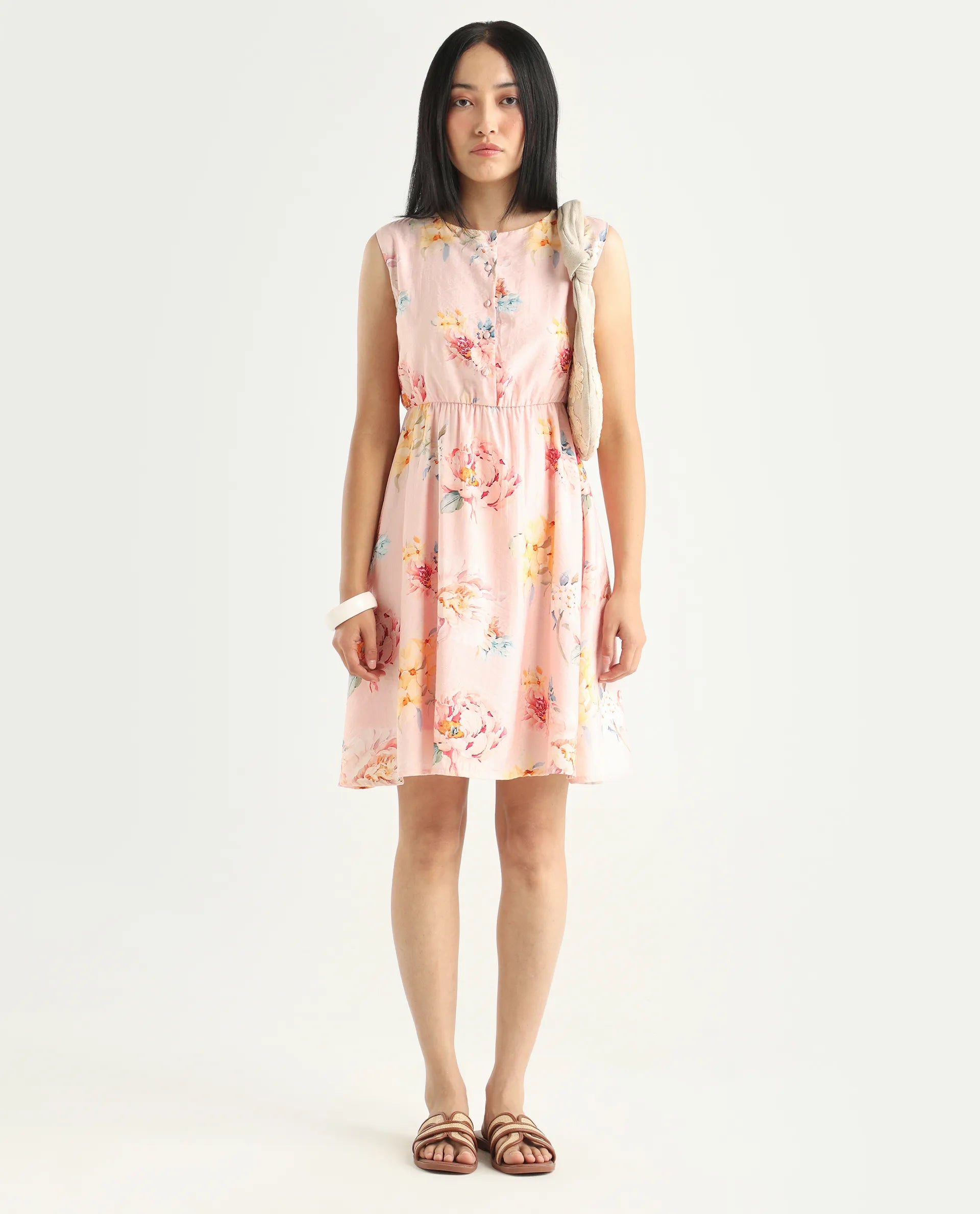 Rareism Women's Nupic Pink Viscose Blend Round Neck Floral Print Mini Flared Dress