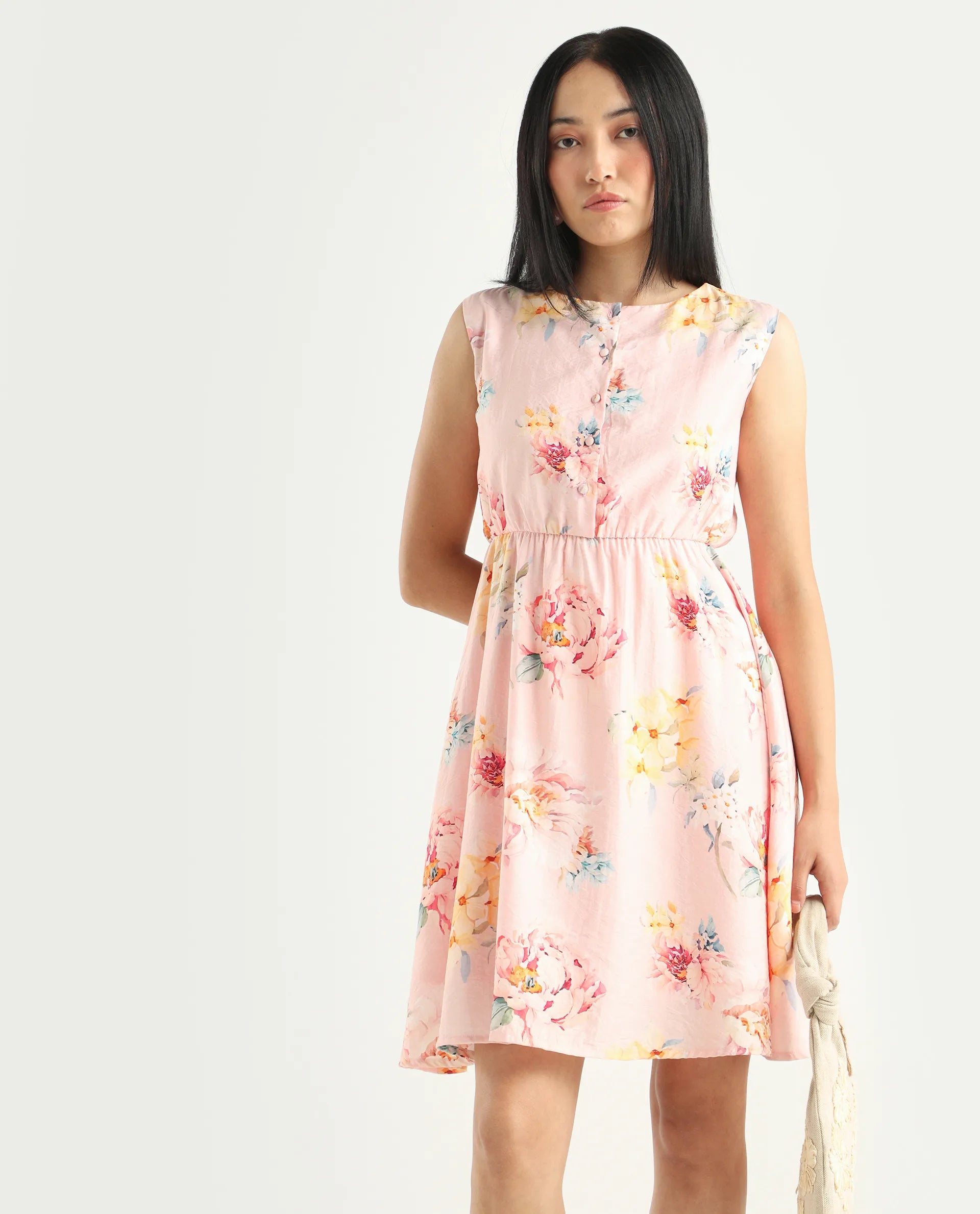 Rareism Women's Nupic Pink Viscose Blend Round Neck Floral Print Mini Flared Dress