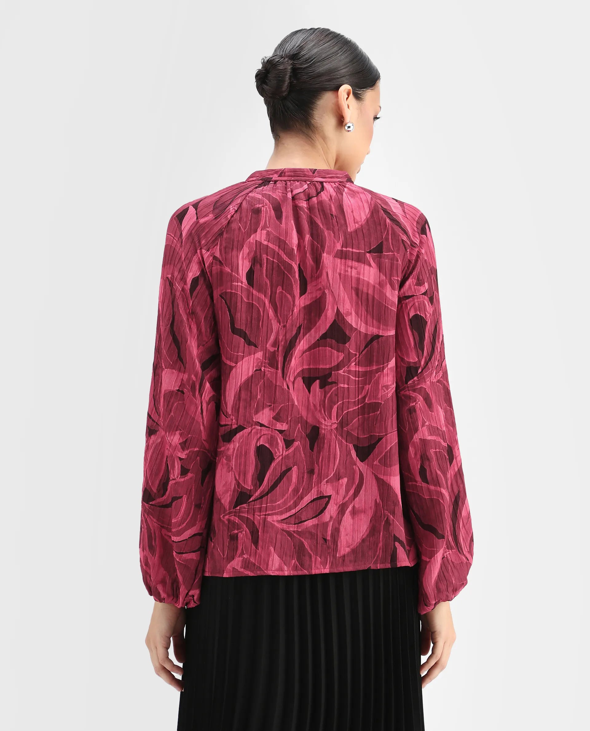 Rareism Women's Nupino Dark Pink Polyester Raglan Sleeves Tie-Up Neck Relaxed Fit Top