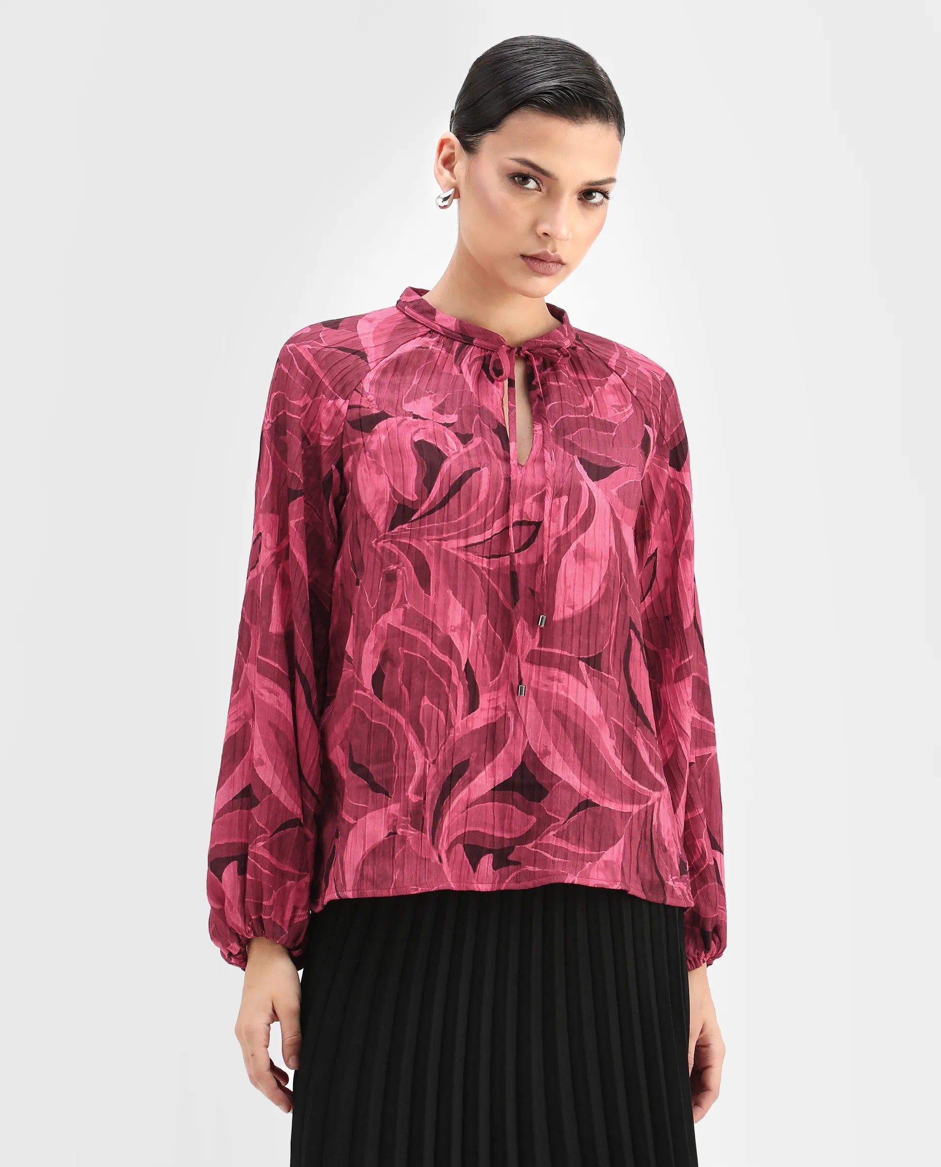 Rareism Women's Nupino Dark Pink Polyester Raglan Sleeves Tie-Up Neck Relaxed Fit Top