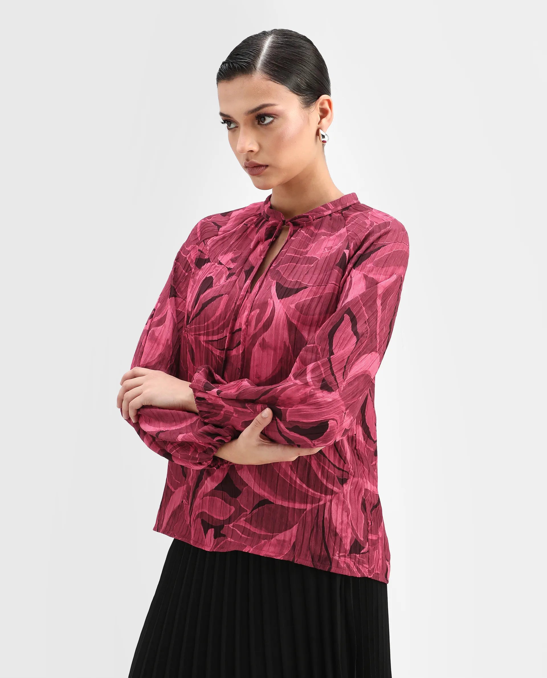 Rareism Women's Nupino Dark Pink Polyester Raglan Sleeves Tie-Up Neck Relaxed Fit Top