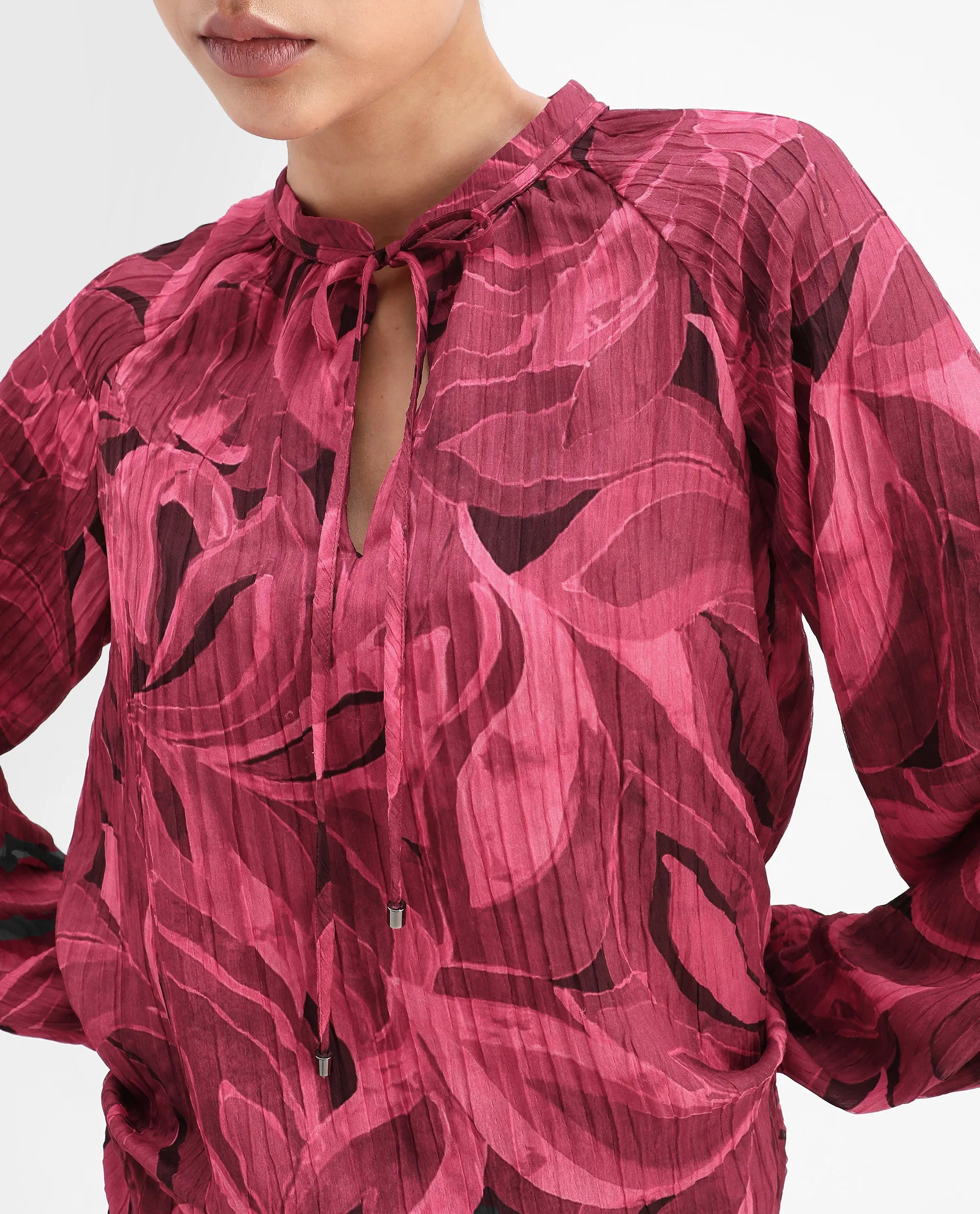 Rareism Women's Nupino Dark Pink Polyester Raglan Sleeves Tie-Up Neck Relaxed Fit Top