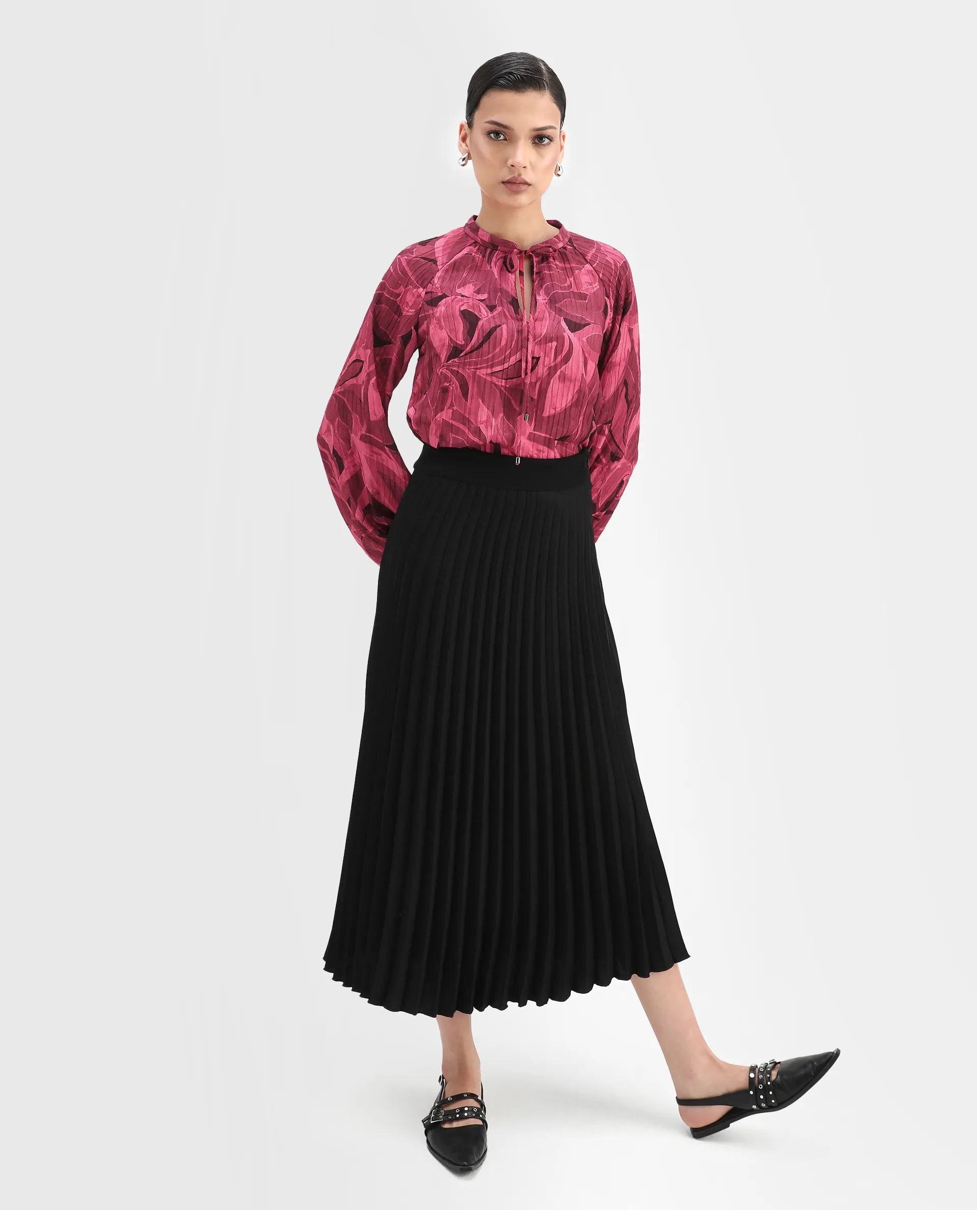 Rareism Women's Nupino Dark Pink Polyester Raglan Sleeves Tie-Up Neck Relaxed Fit Top