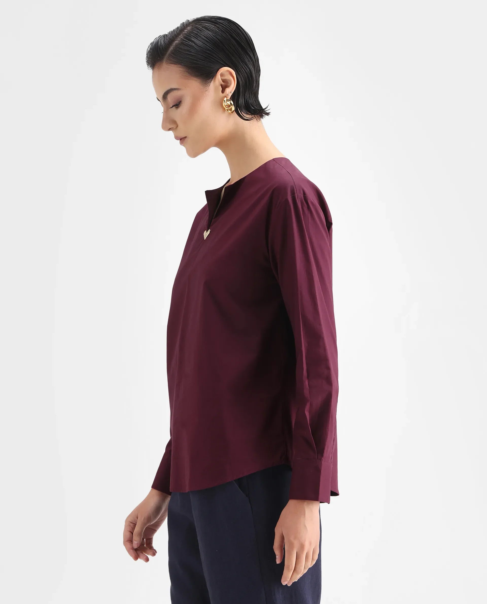 Rareism Women's Nura Maroon Cotton Cuffed Sleeve Collared Neck Regular Fit Top