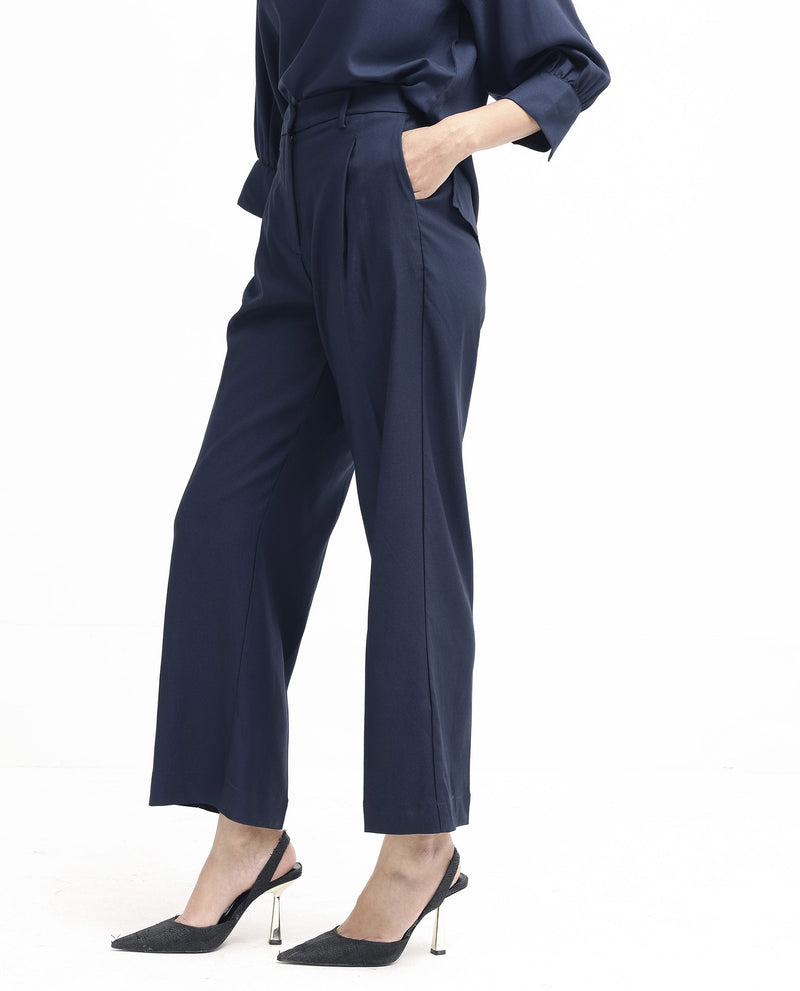 Rareism Women Nuray Navy Cotton Fabric Zipper Closure Solid Regular Fit Trouser