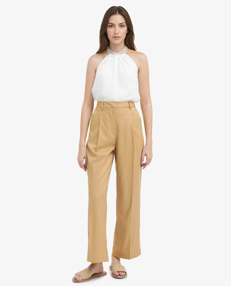 Rareism Women Nuray Tan Cotton Zipper Closure Trouser