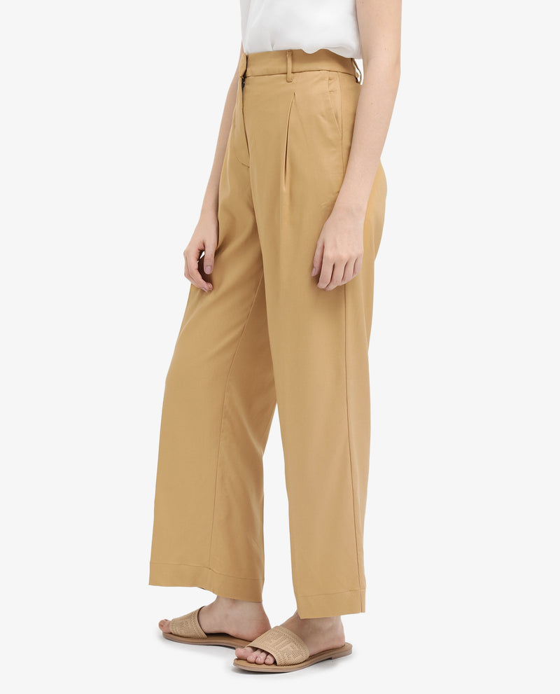 Rareism Women Nuray Tan Cotton Zipper Closure Trouser