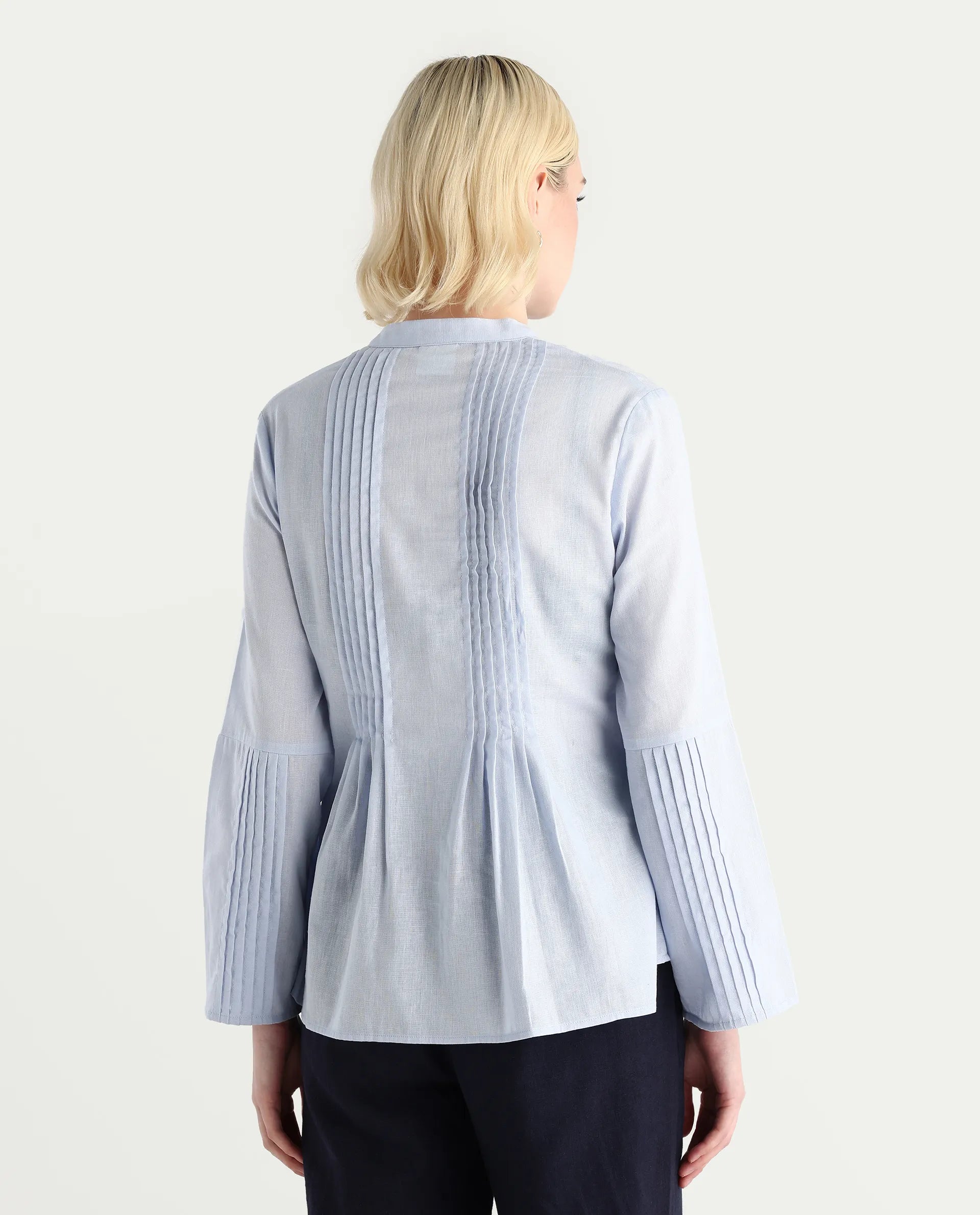 Rareism Women Nuron Blue Mandarin Collar Button Closure Relaxed Fit Plain Top
