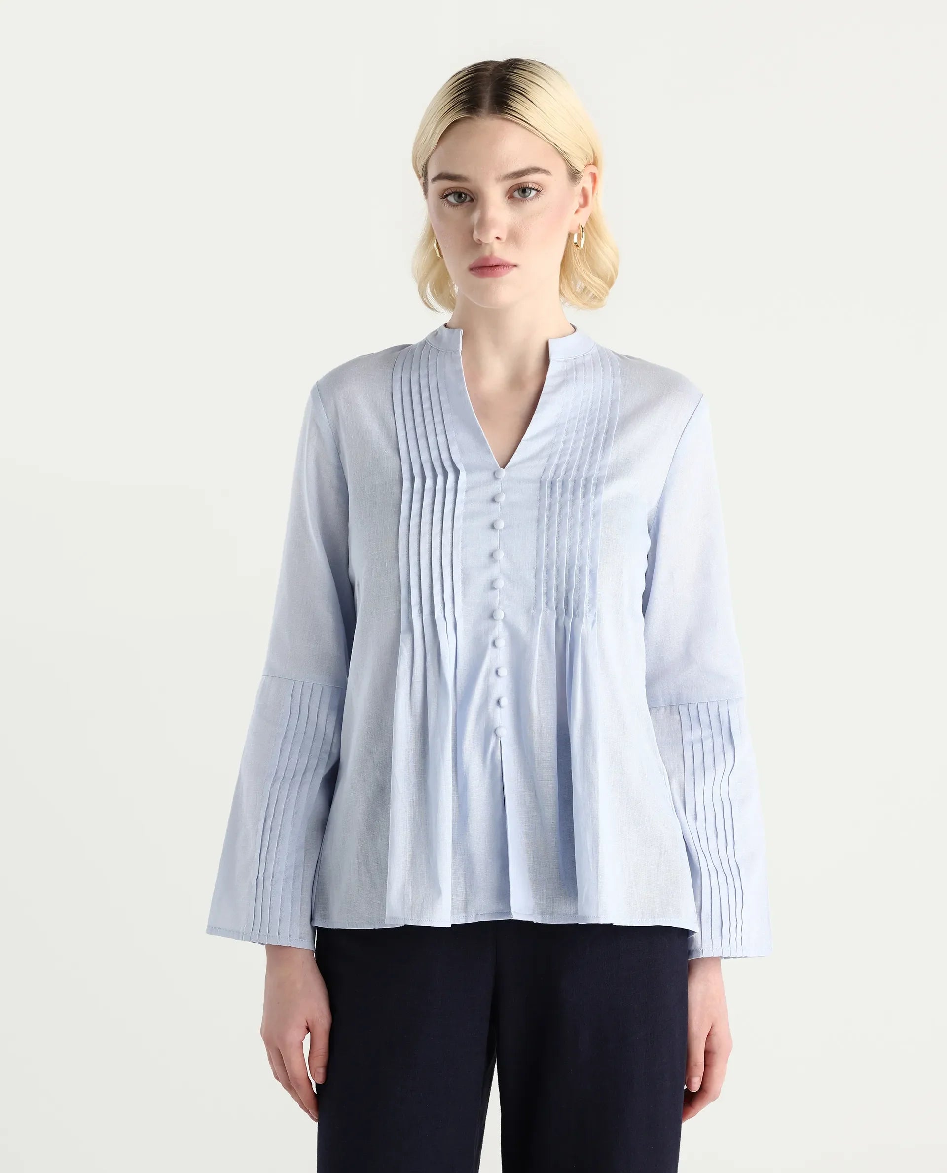 Rareism Women Nuron Blue Mandarin Collar Button Closure Relaxed Fit Plain Top