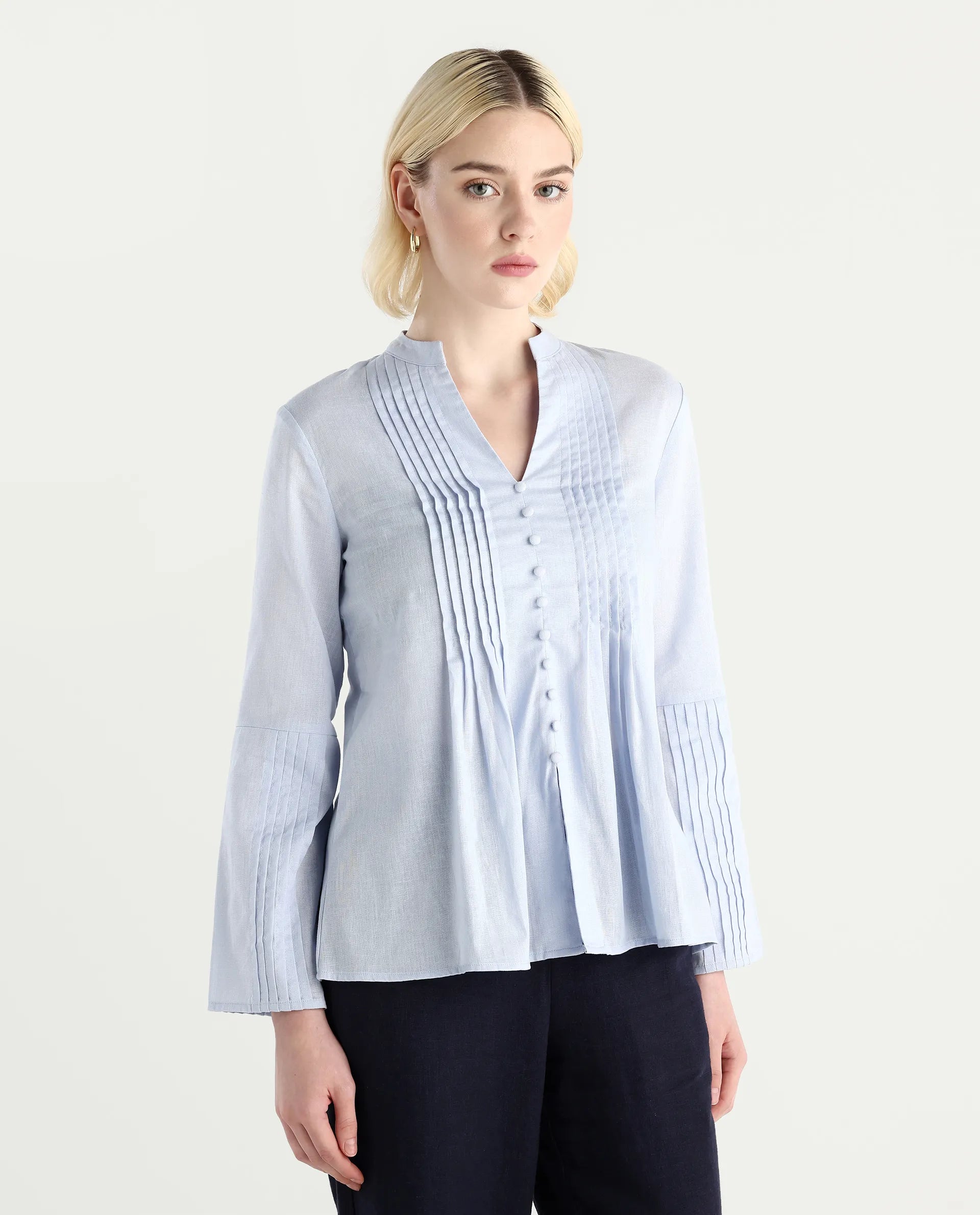 Rareism Women Nuron Blue Mandarin Collar Button Closure Relaxed Fit Plain Top