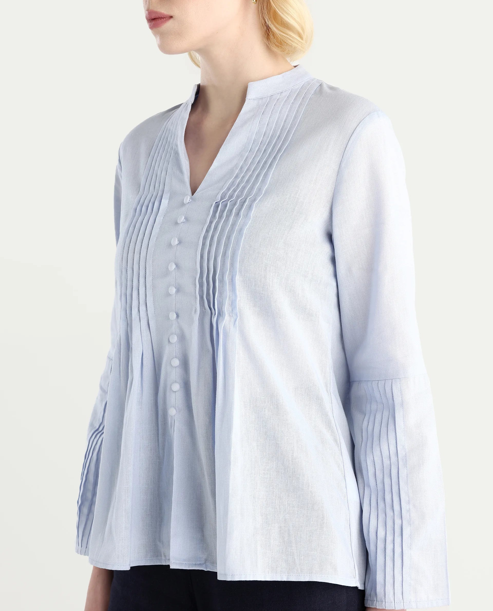 Rareism Women Nuron Blue Mandarin Collar Button Closure Relaxed Fit Plain Top