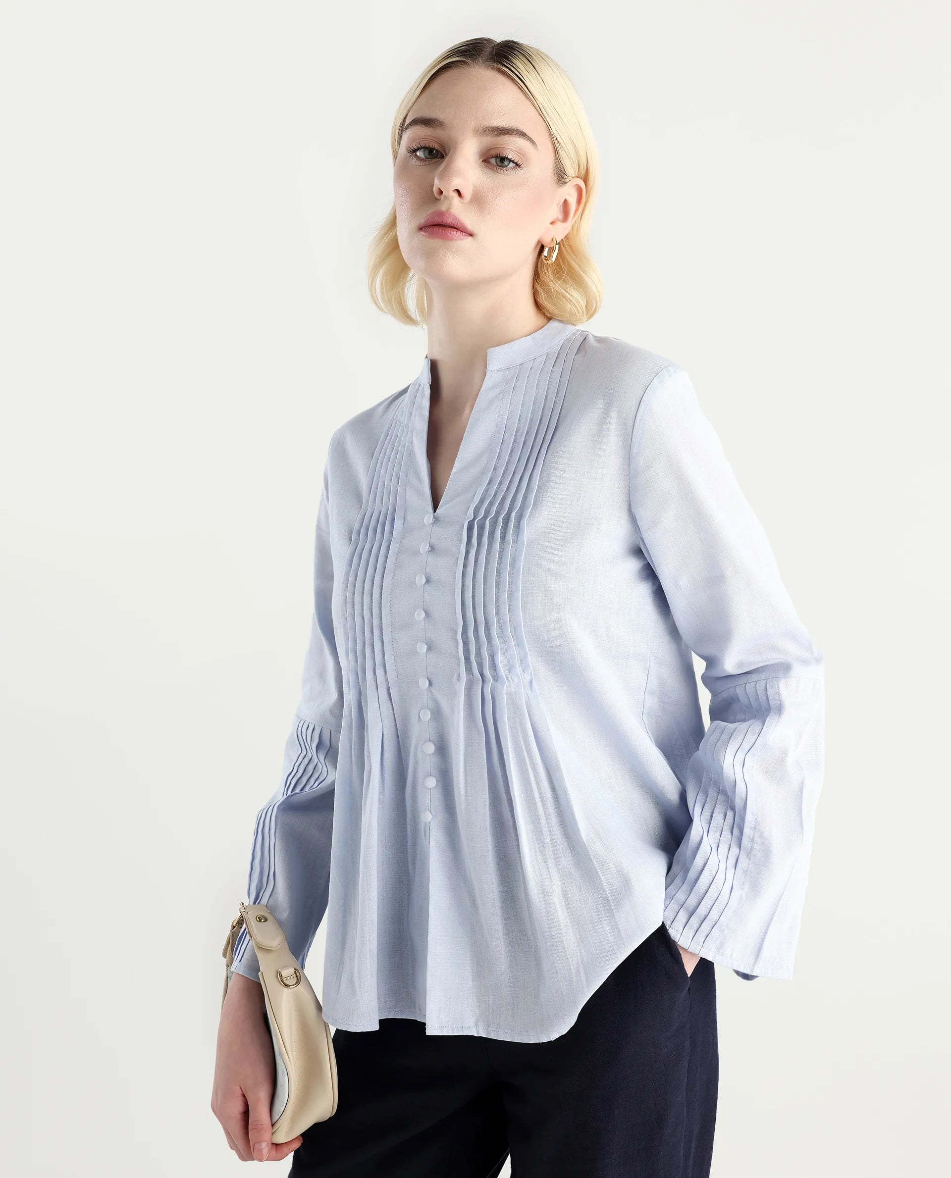 Rareism Women Nuron Blue Mandarin Collar Button Closure Relaxed Fit Plain Top