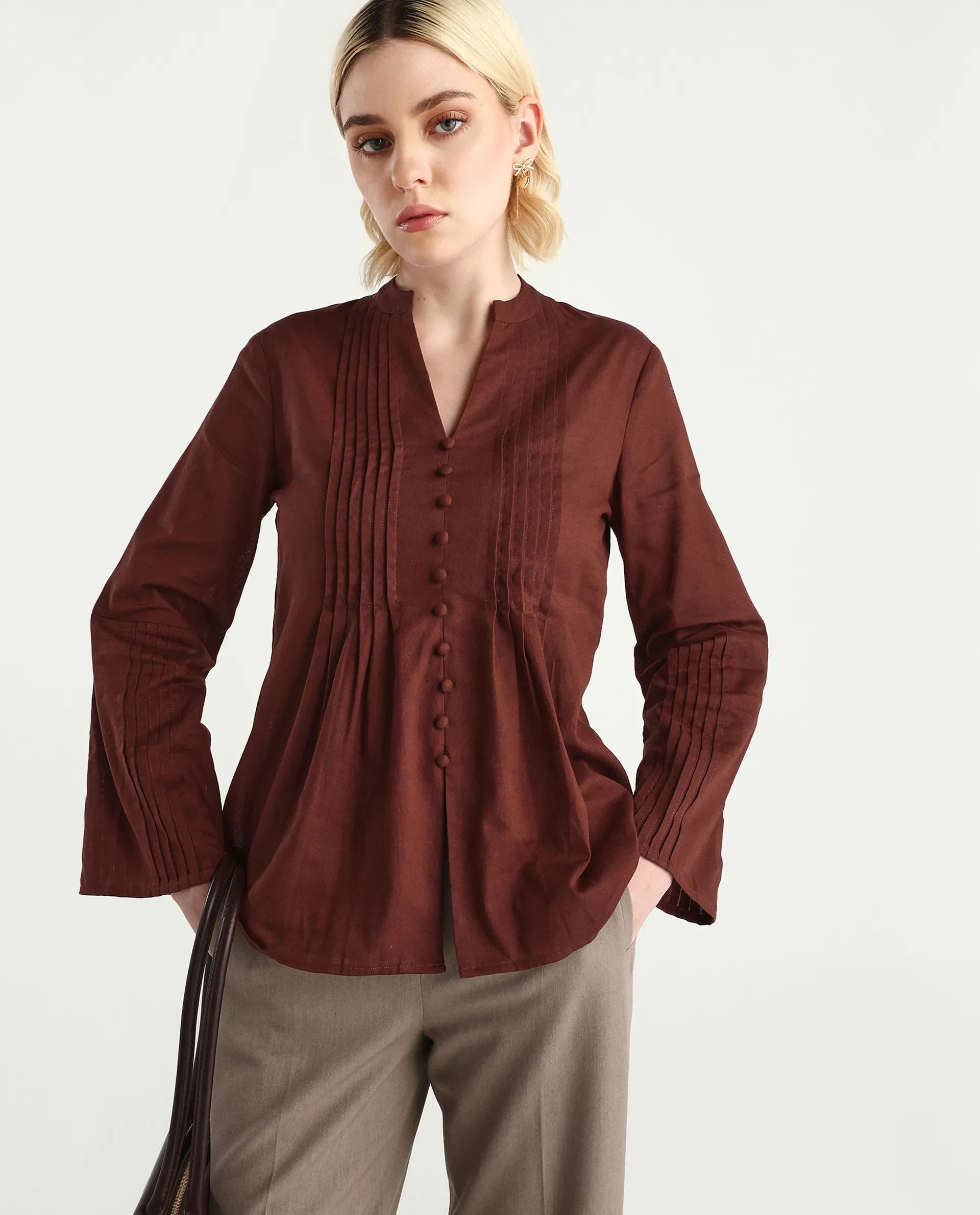 Rareism Women's Nuron Brown Cotton Blend Bell Sleeves Mandarin Collar Relaxed Fit Plain Top