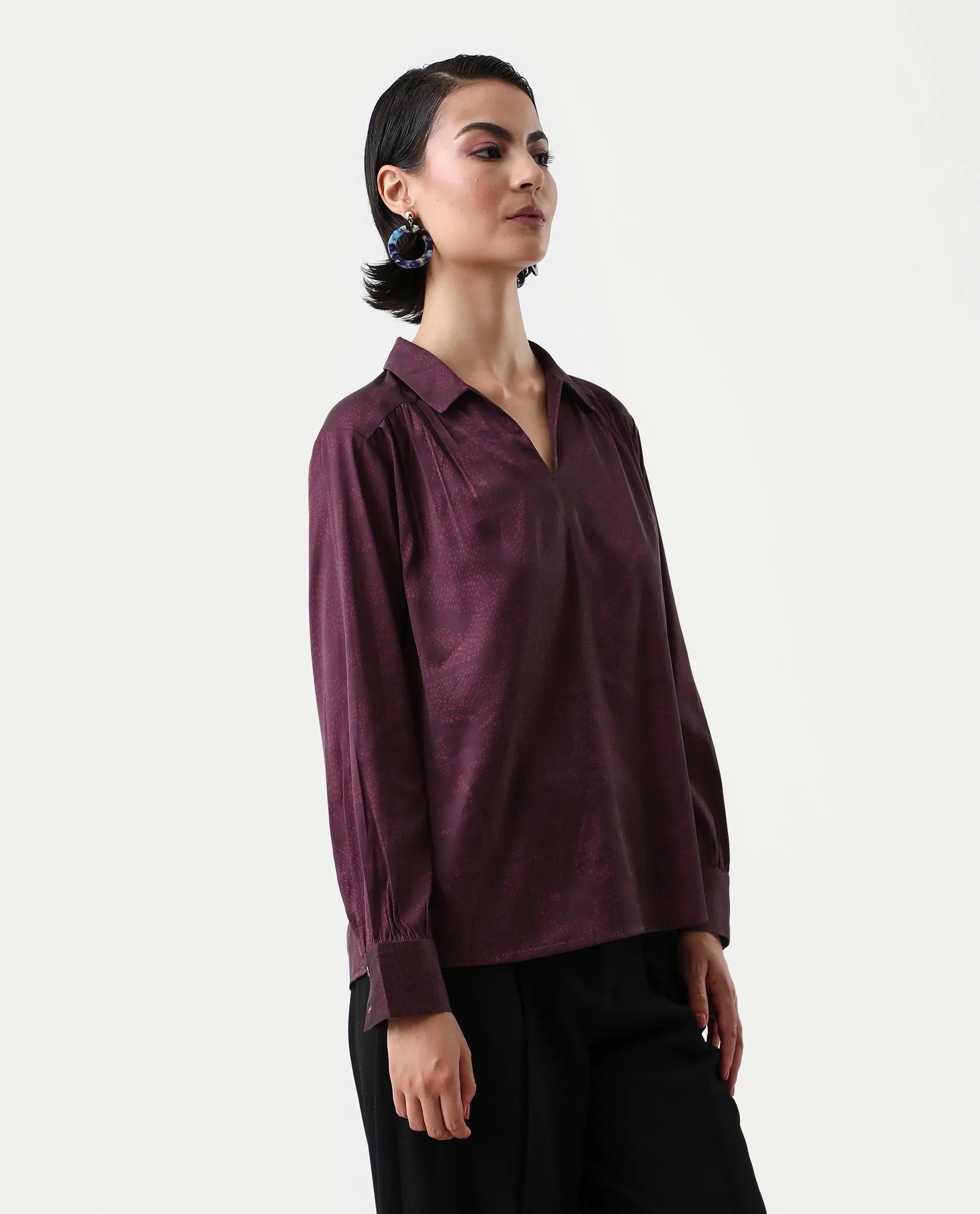 Rareism Women's Nusa Maroon Polyester Cuffed Sleeve Collared Neck Regular Fit Top
