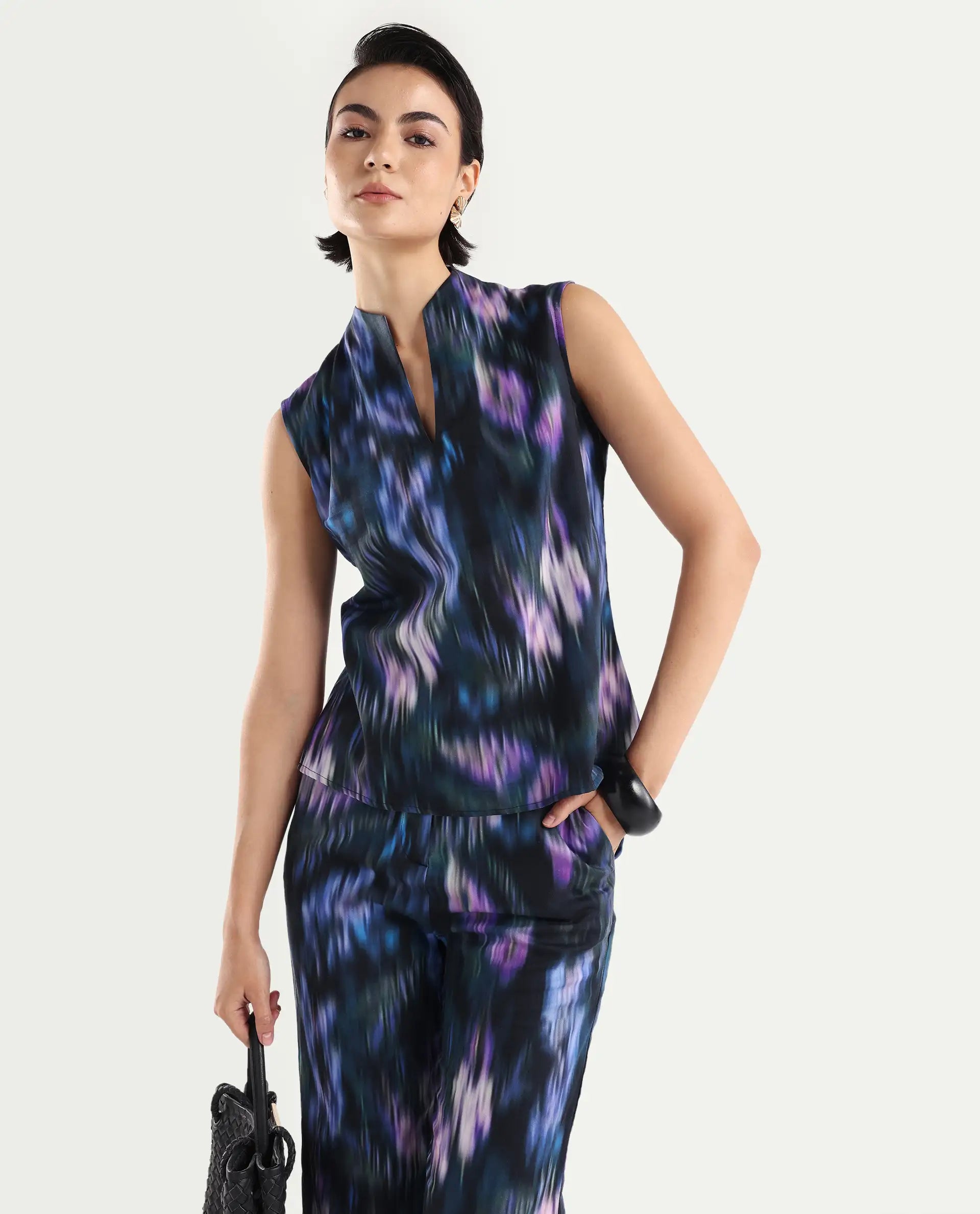 Rareism Women's Nushi T Navy Cotton Build Up Neck Regular Fit Top