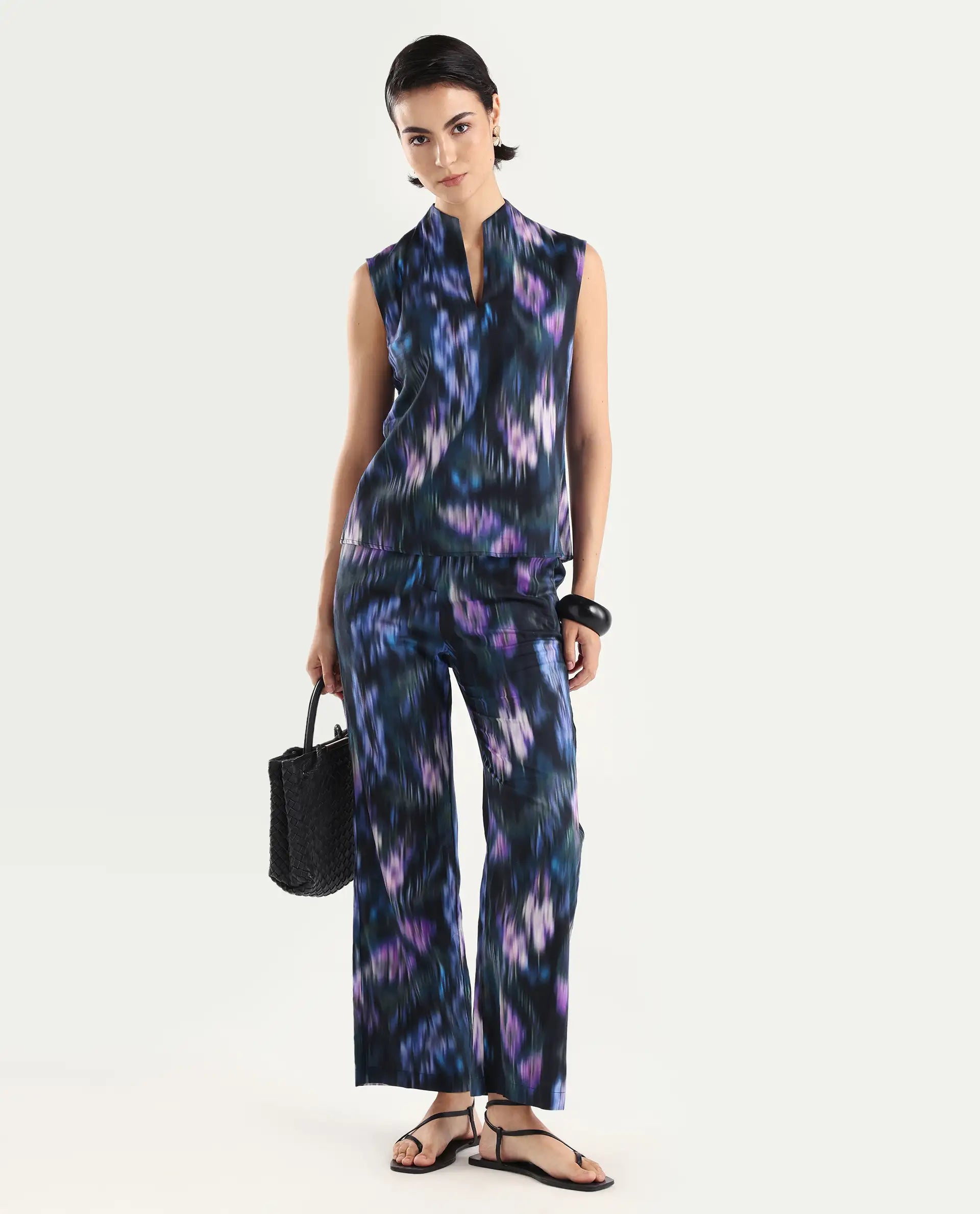 Rareism Women's Nushi T Navy Cotton Build Up Neck Regular Fit Top