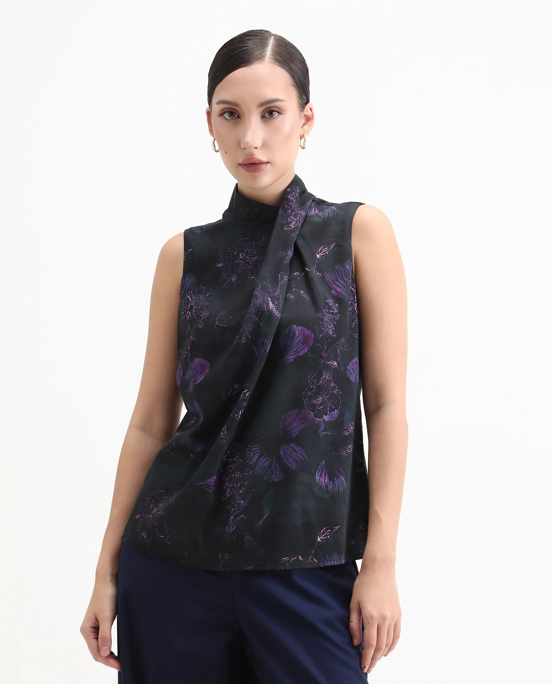 Rareism Women's Nutro Black Cotton Blend Sleeveless Cowl Neck Regular Fit Top