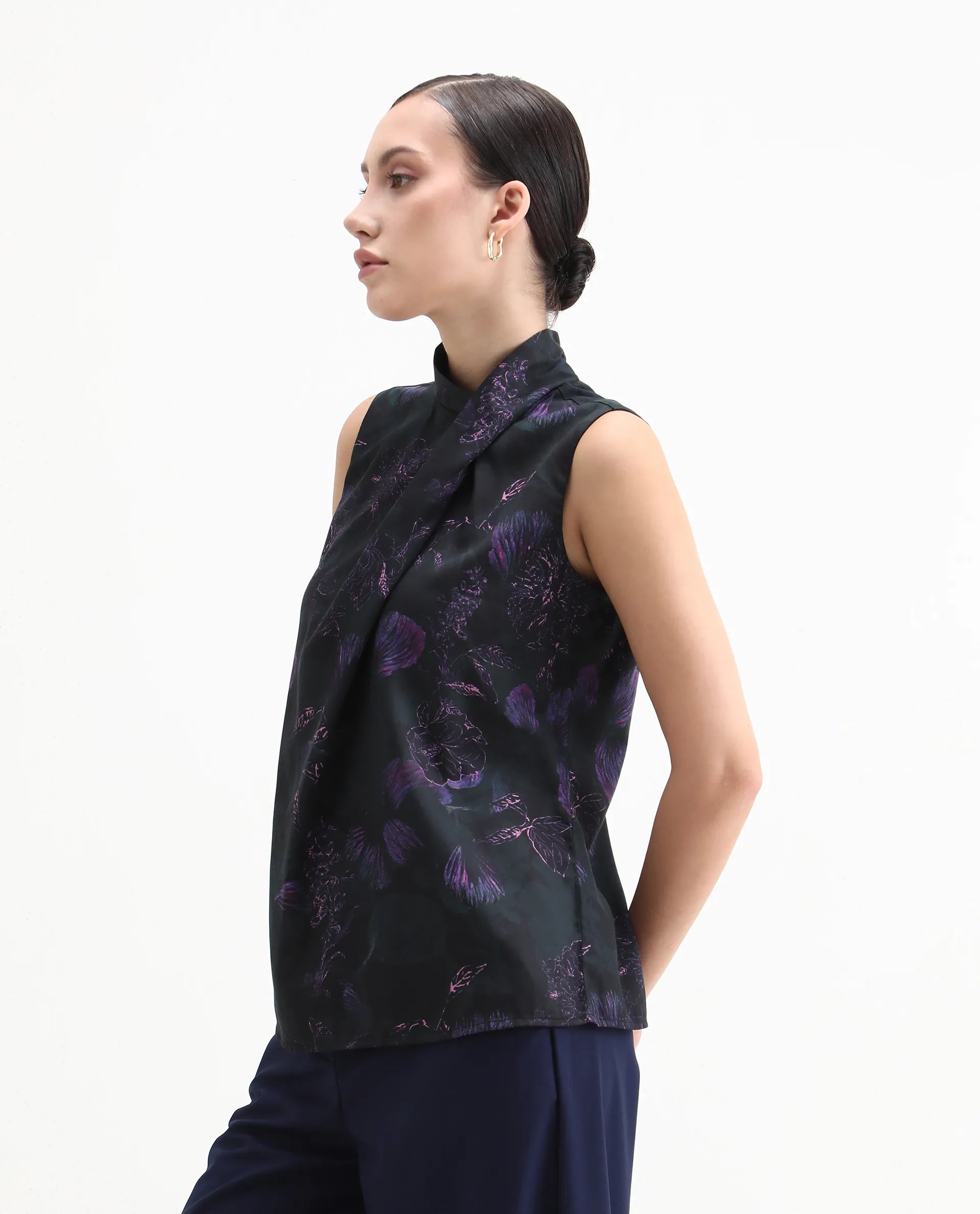 Rareism Women's Nutro Black Cotton Blend Sleeveless Cowl Neck Regular Fit Top