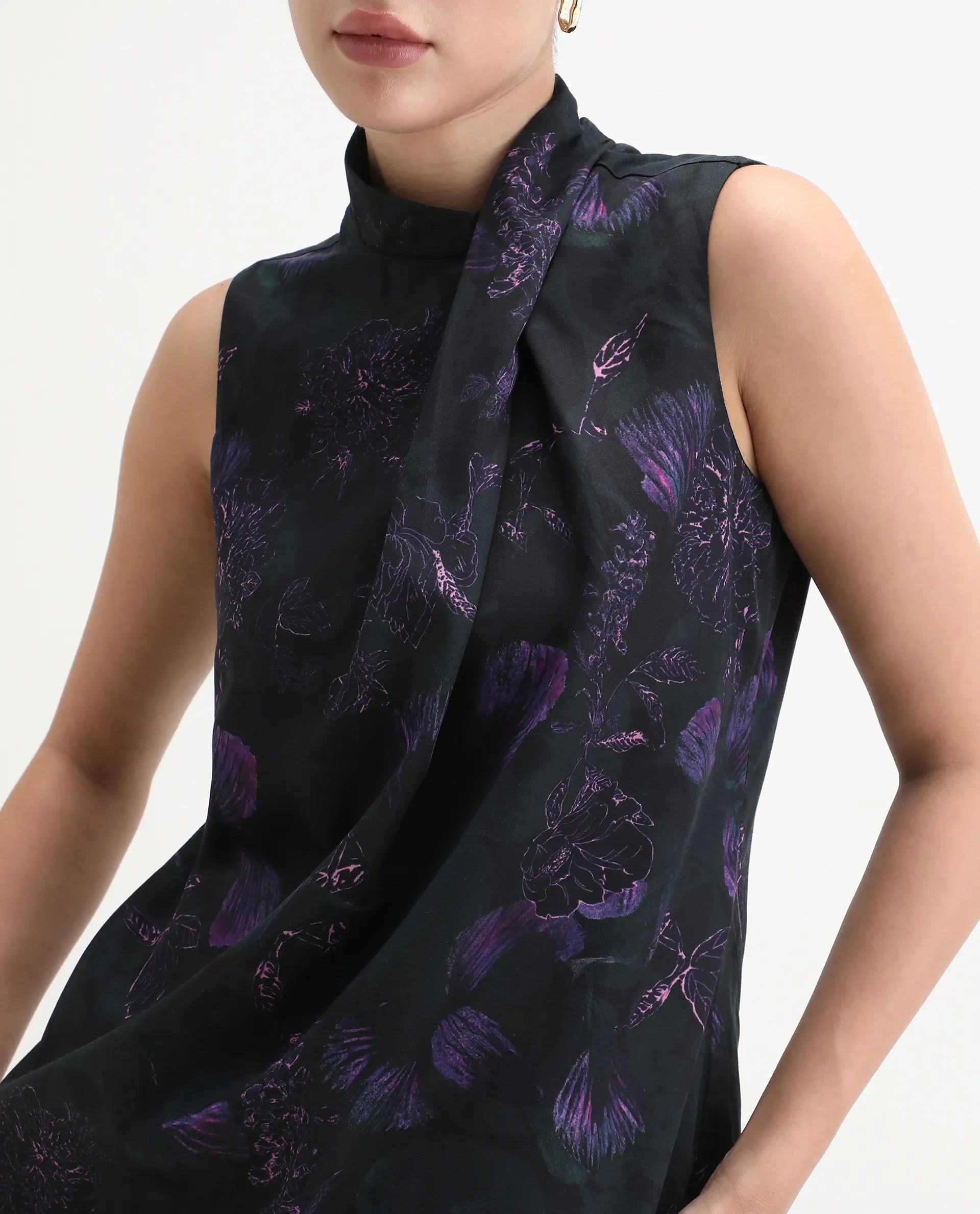 Rareism Women's Nutro Black Cotton Blend Sleeveless Cowl Neck Regular Fit Top