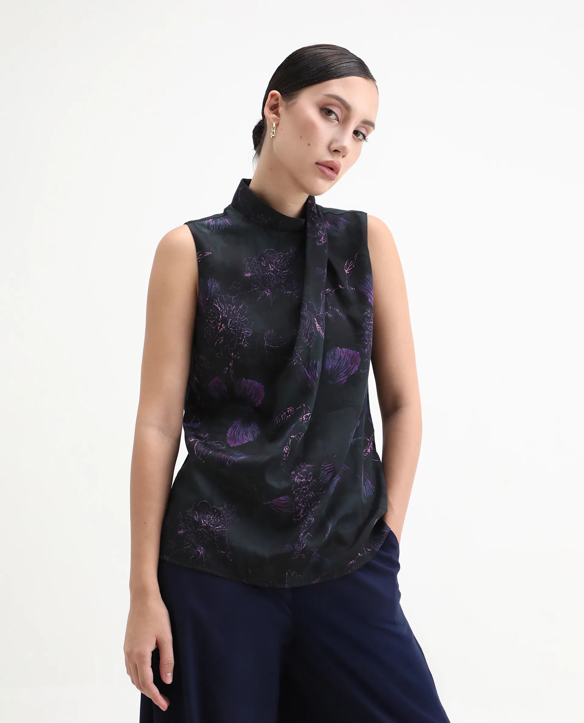 Rareism Women's Nutro Black Cotton Blend Sleeveless Cowl Neck Regular Fit Top