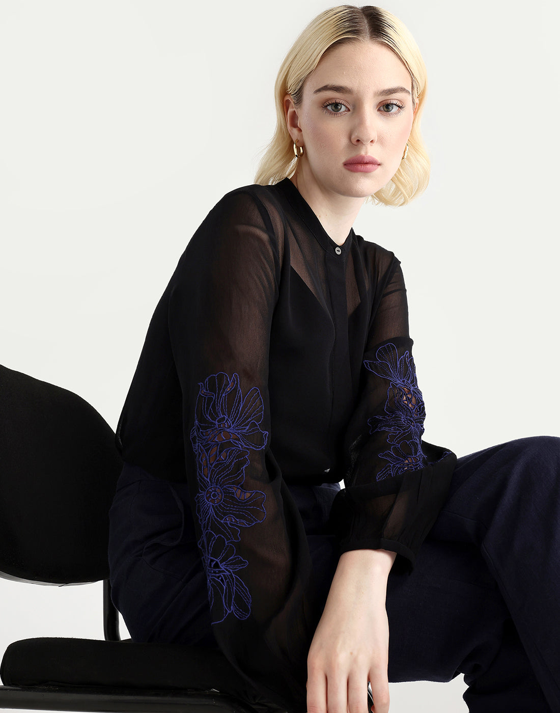 Rareism Women's Nux Black Viscose Full Sleeve Mandarin Collar Regular Fit Top