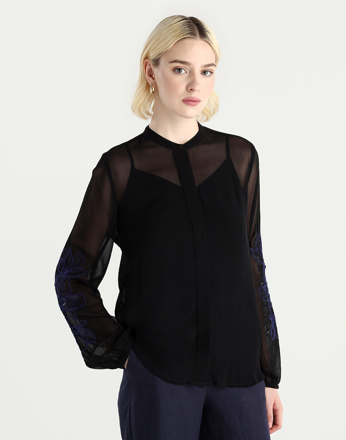 Rareism Women's Nux Black Viscose Full Sleeve Mandarin Collar Regular Fit Top