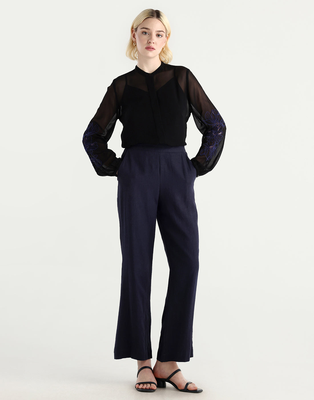 Rareism Women's Nux Black Viscose Full Sleeve Mandarin Collar Regular Fit Top