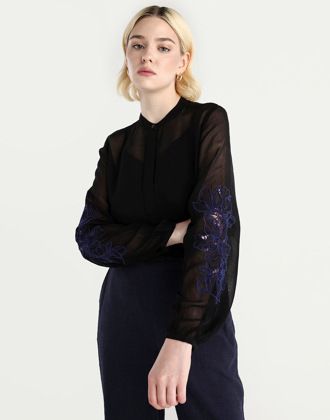 Rareism Women's Nux Black Viscose Full Sleeve Mandarin Collar Regular Fit Top