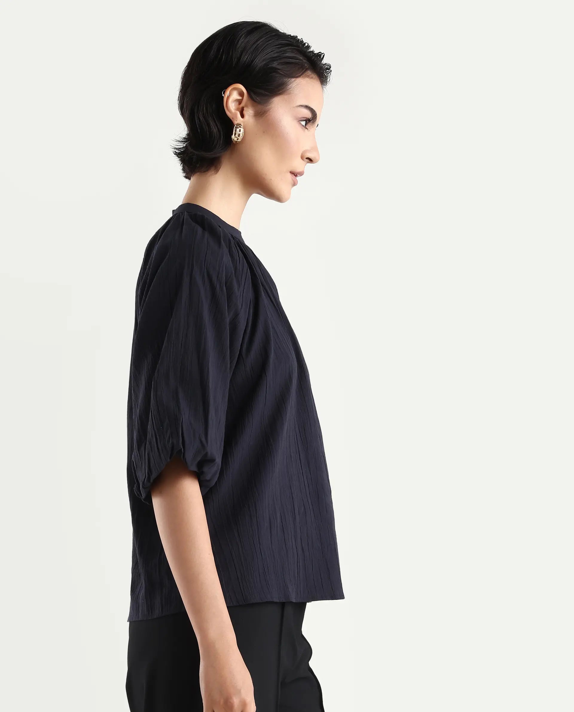 Rareism Women's Nuxo Black Nylon Blend Half Sleeve Mandarin Collar Relaxed Fit Top