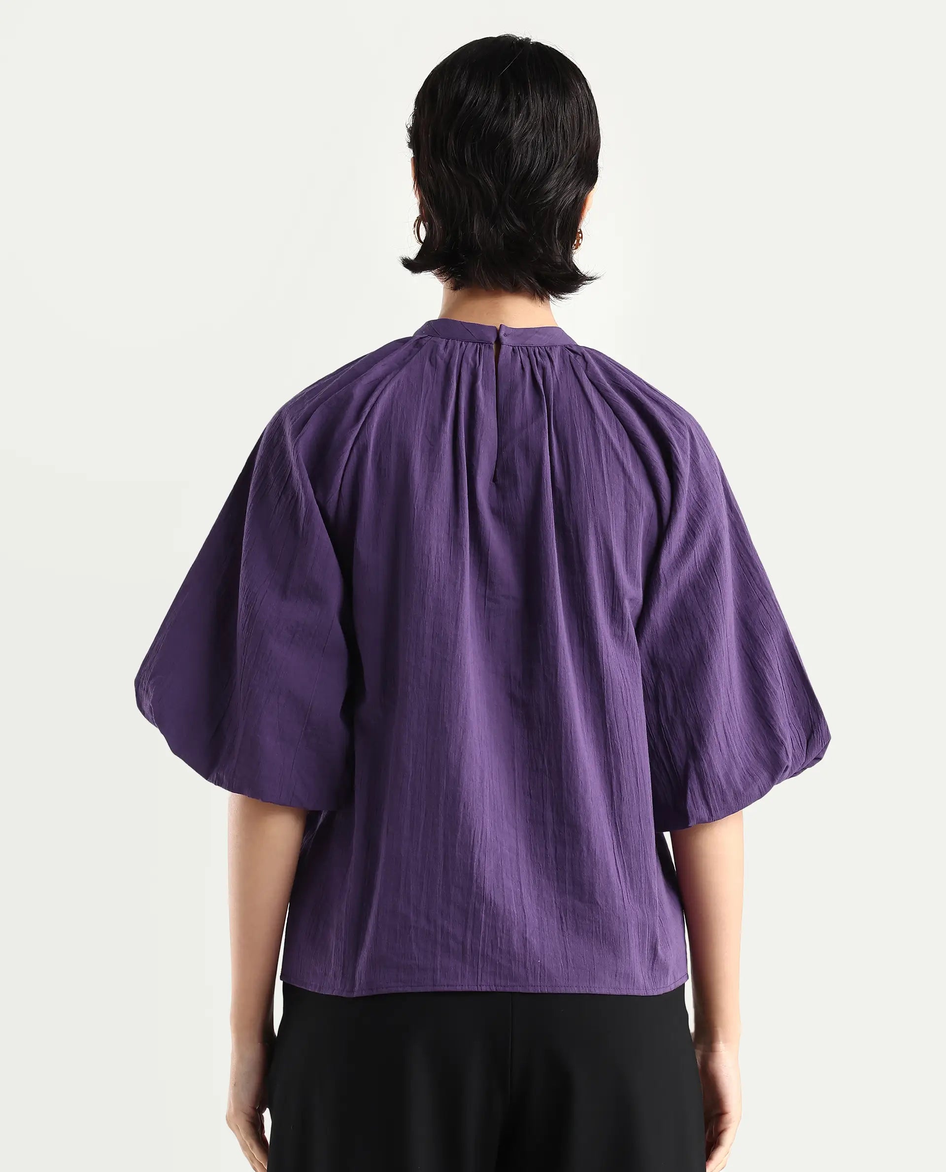 Rareism Women's Nuxo Purple Nylon Blend Half Sleeve Mandarin Collar Relaxed Fit Top