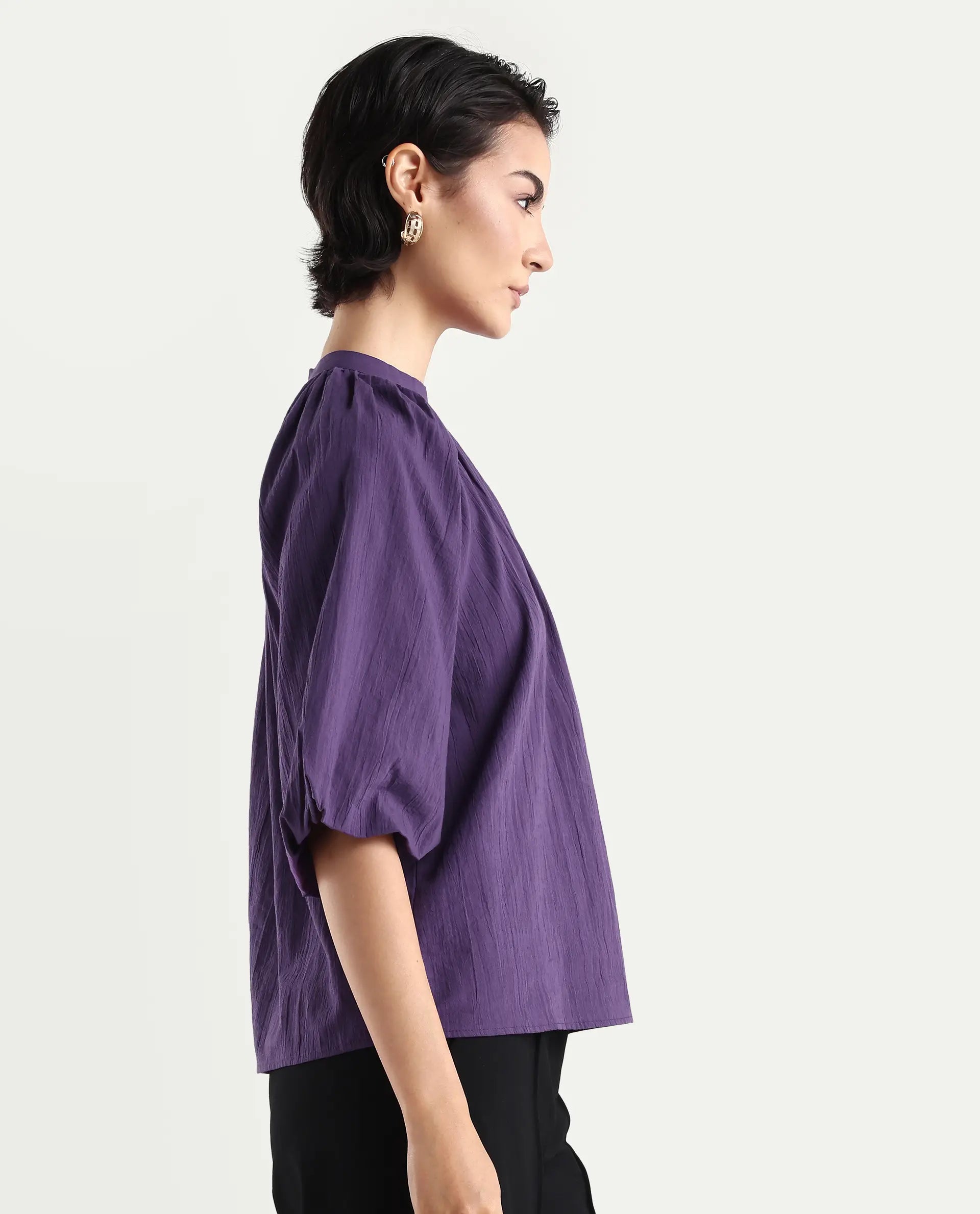 Rareism Women's Nuxo Purple Nylon Blend Half Sleeve Mandarin Collar Relaxed Fit Top