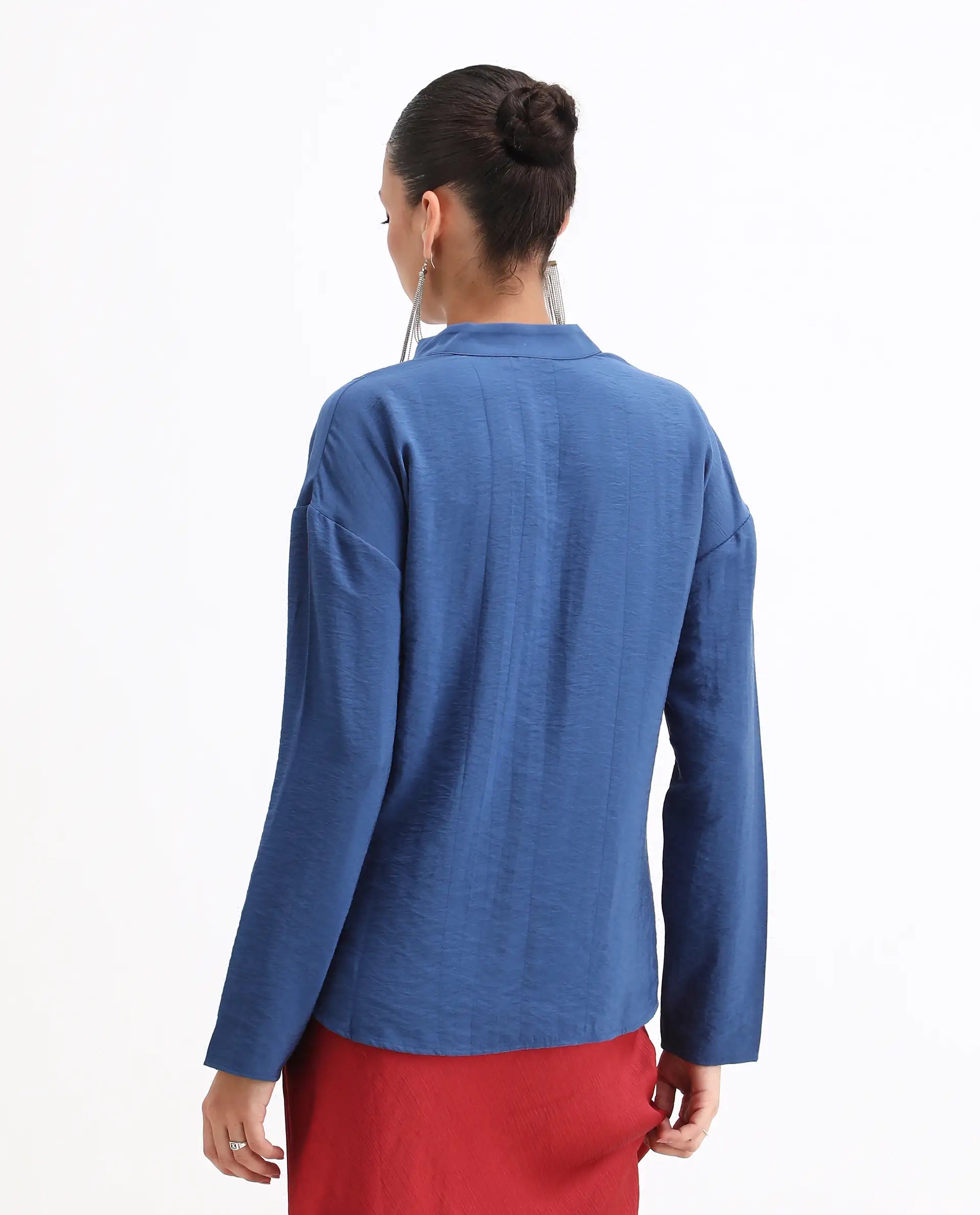 Rareism Women's Nuzif Blue Mandarin Collar Regular Fit Plain Top