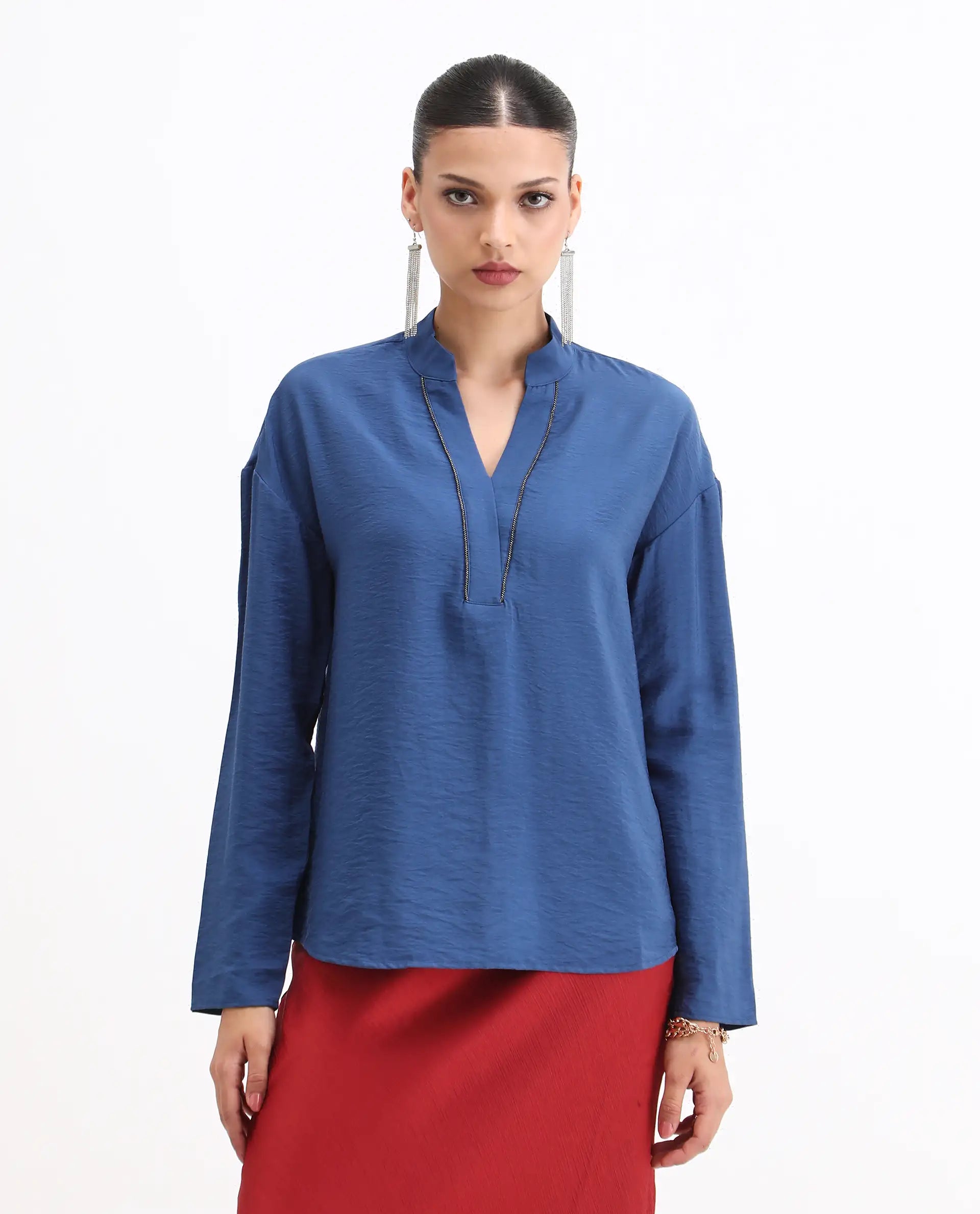 Rareism Women's Nuzif Blue Mandarin Collar Regular Fit Plain Top