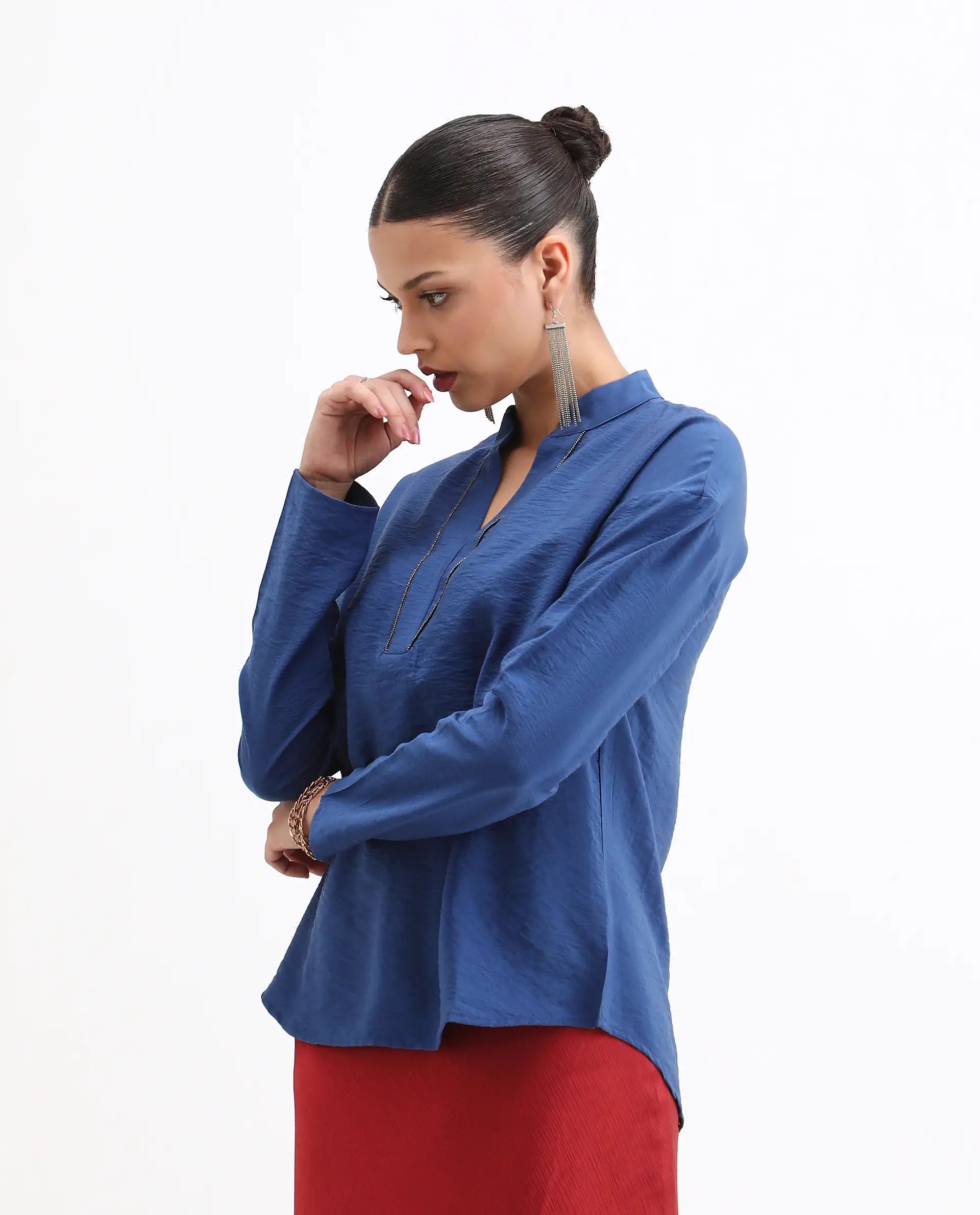 Rareism Women's Nuzif Blue Mandarin Collar Regular Fit Plain Top