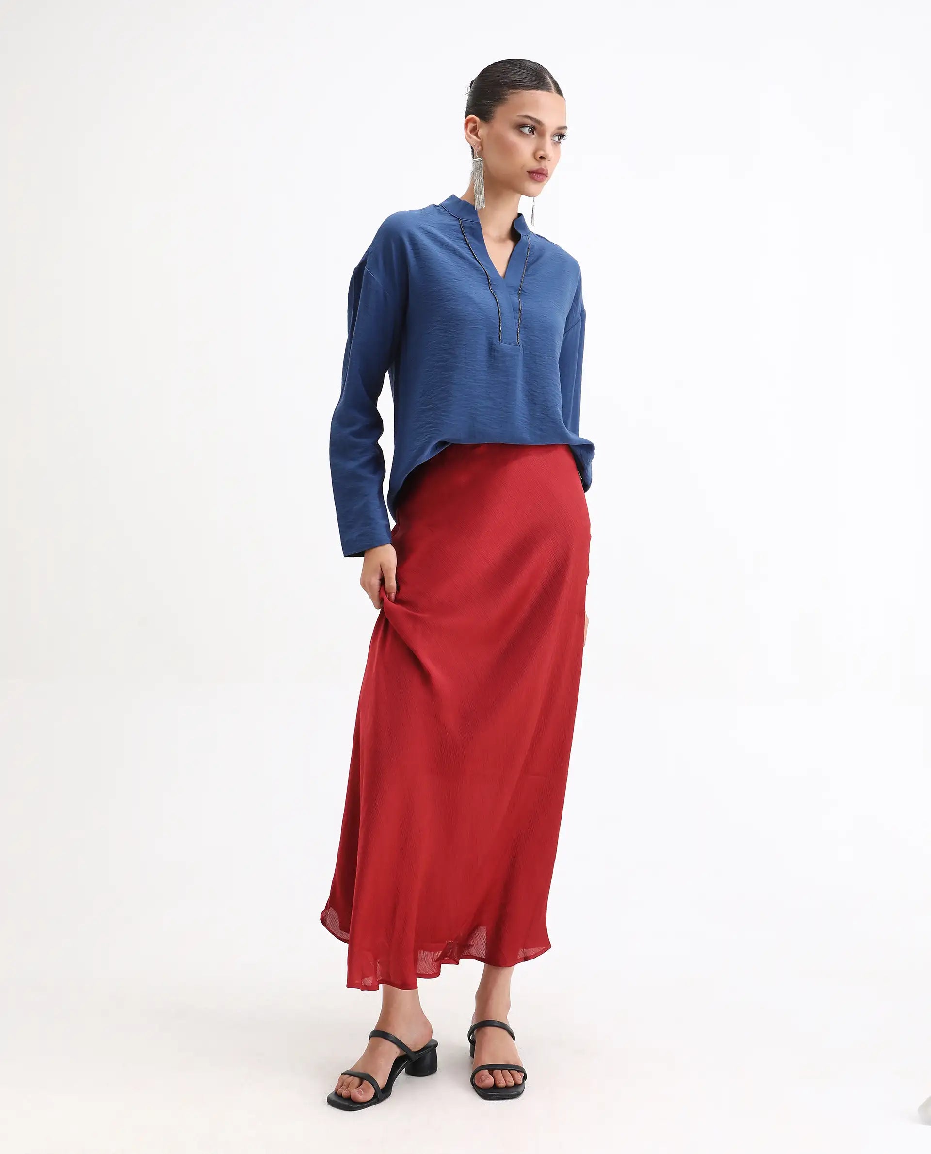 Rareism Women's Nuzif Blue Mandarin Collar Regular Fit Plain Top