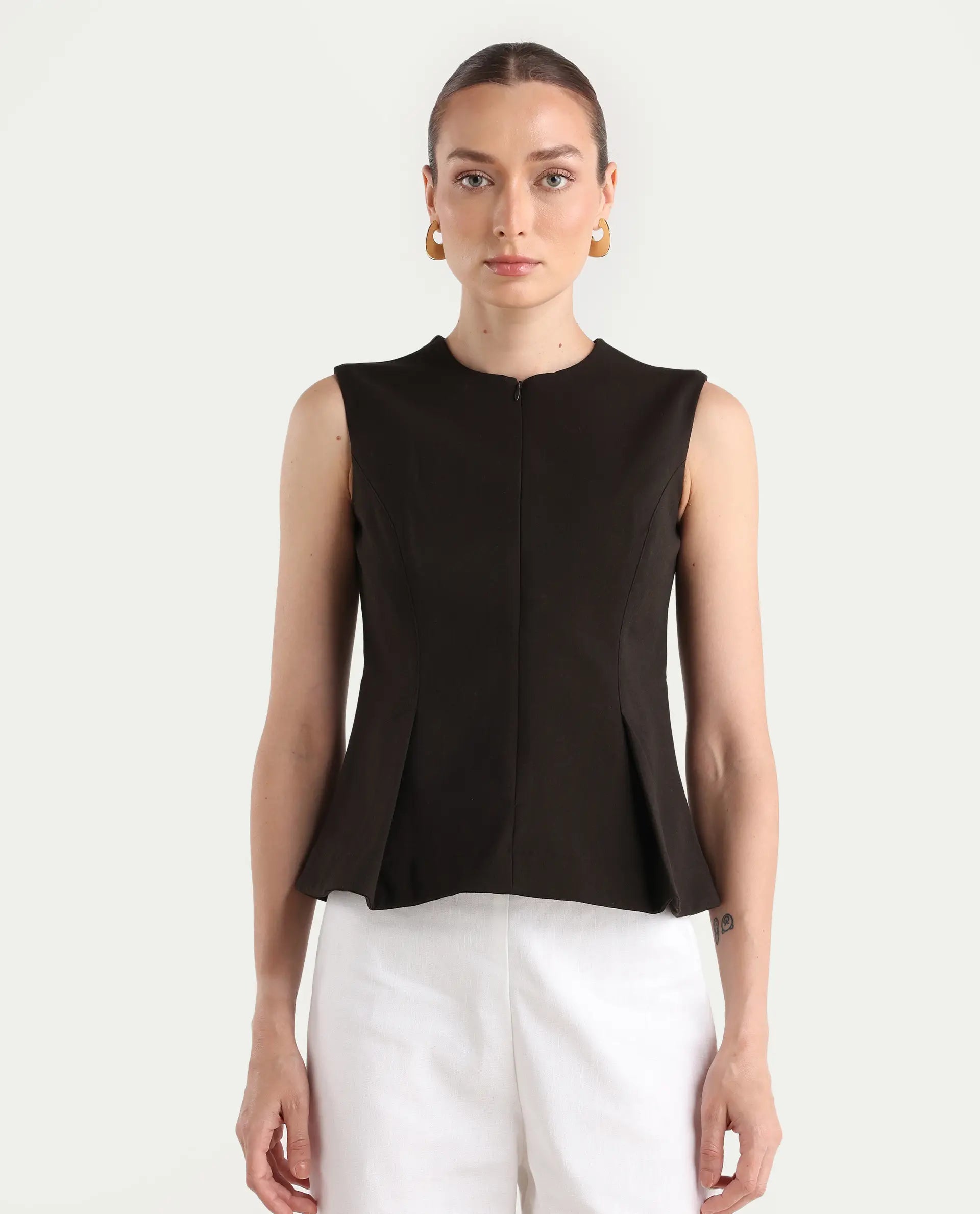 Rareism Woman Nuzor-T Dark Brown Poly Viscose Solid Fitted Top