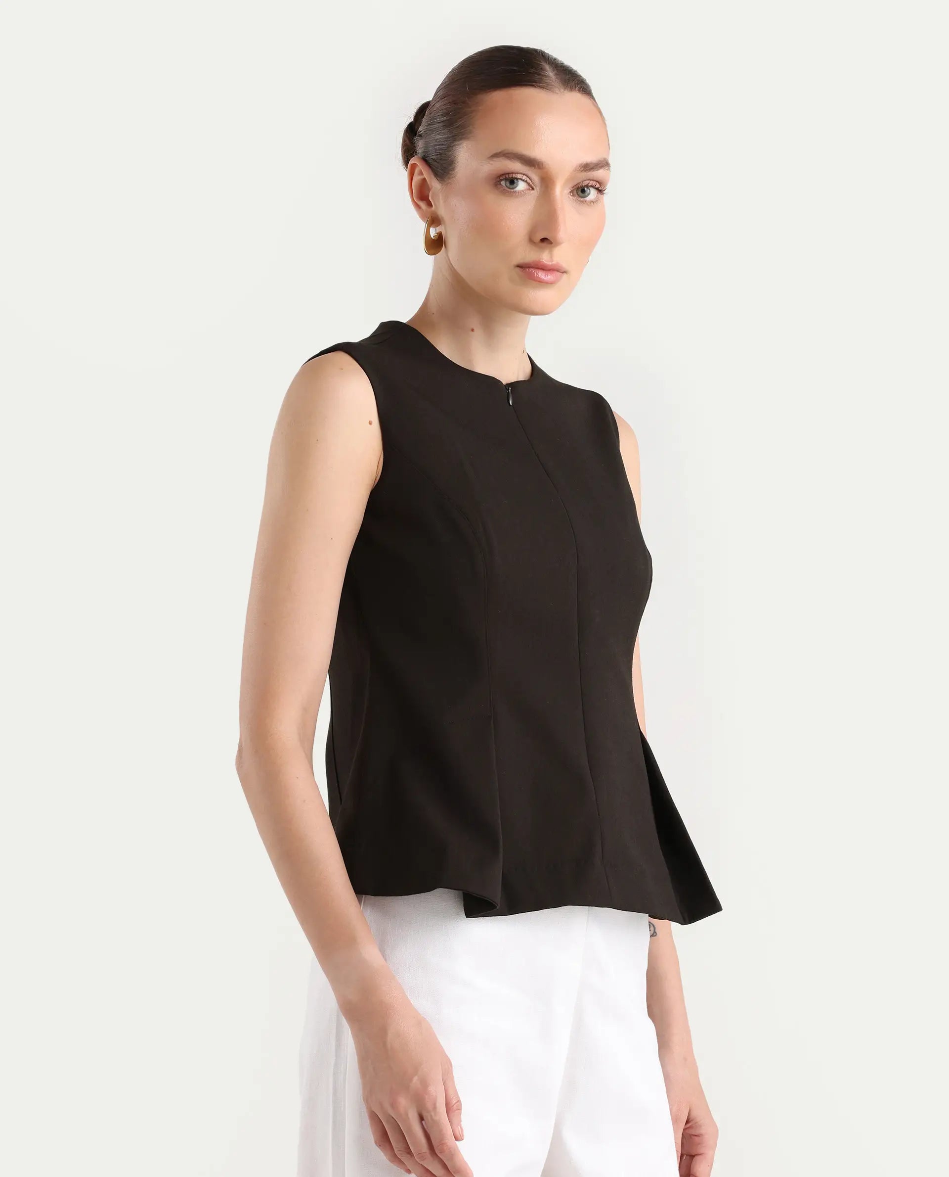 Rareism Woman Nuzor-T Dark Brown Poly Viscose Solid Fitted Top