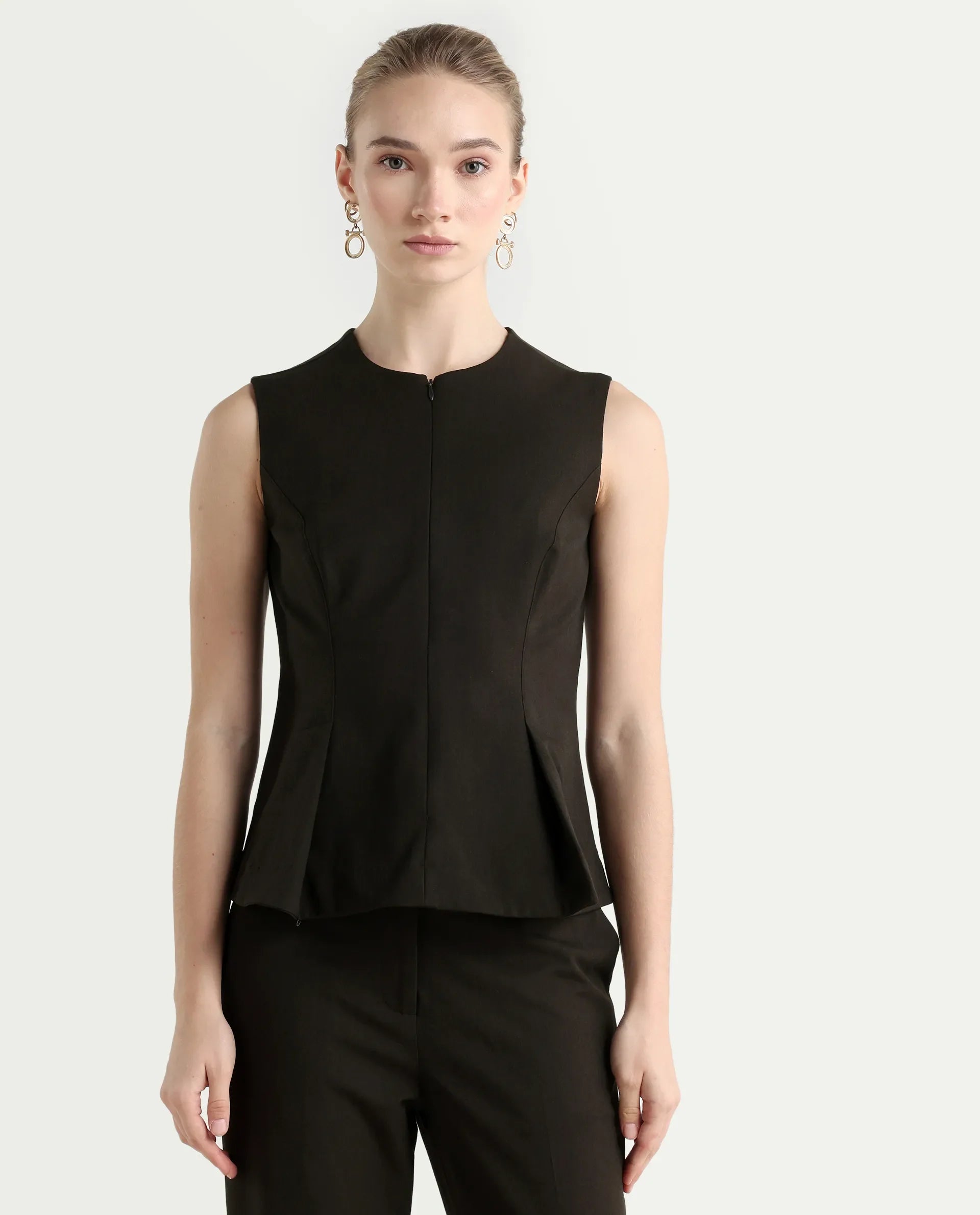 Rareism Woman Nuzor-T Dark Brown Poly Viscose Solid Fitted Top