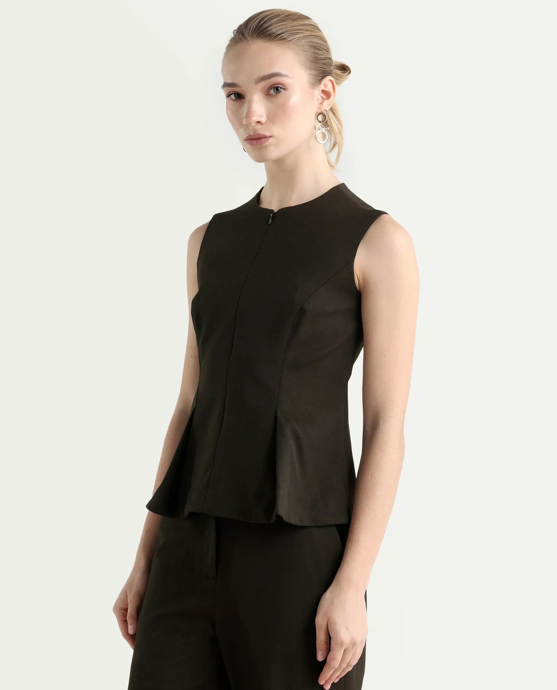 Rareism Woman Nuzor-T Dark Brown Poly Viscose Solid Fitted Top