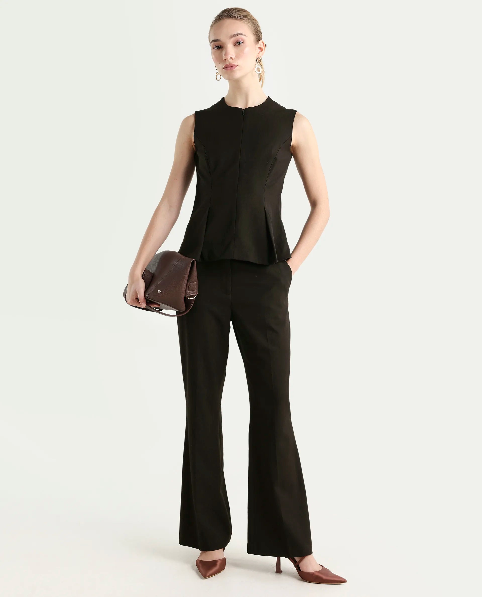 Rareism Woman Nuzor-T Dark Brown Poly Viscose Solid Fitted Top