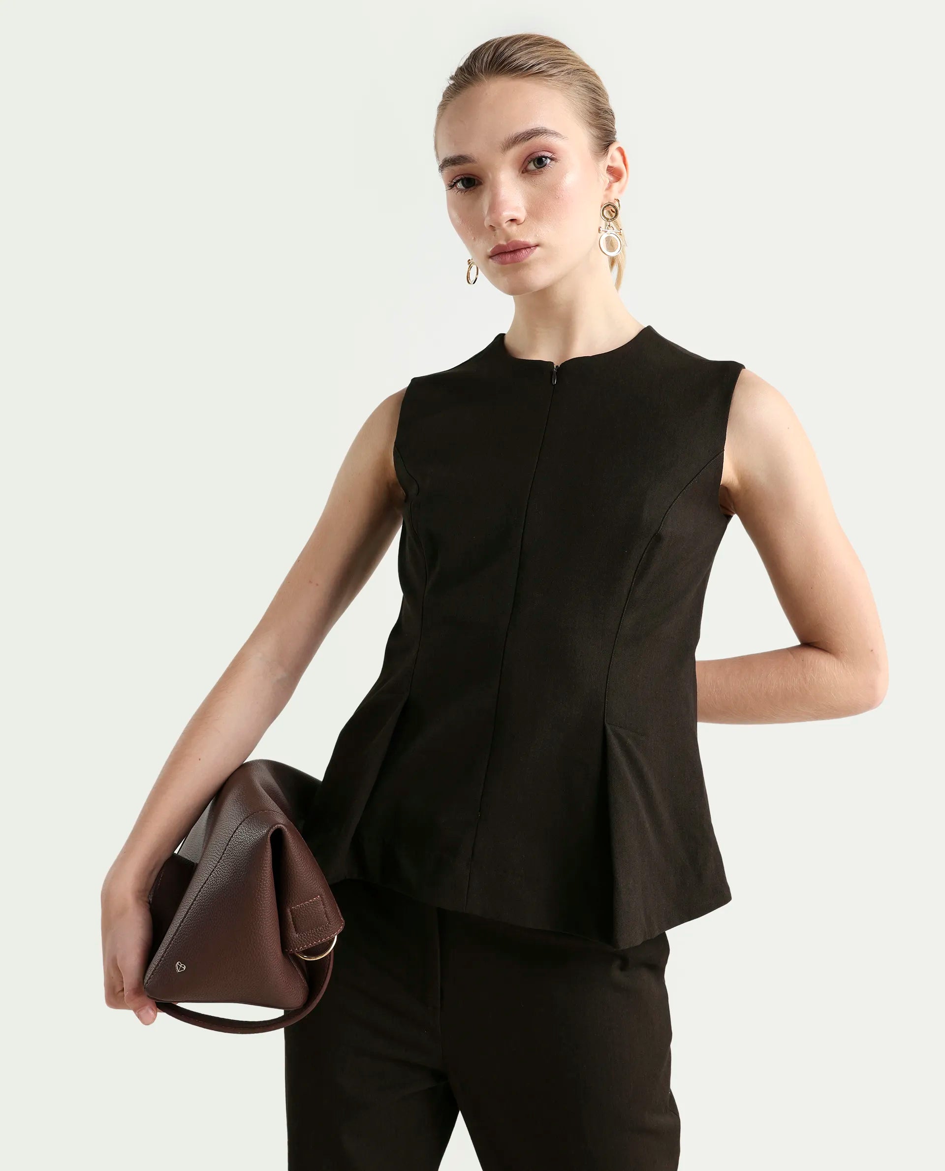 Rareism Woman Nuzor-T Dark Brown Poly Viscose Solid Fitted Top