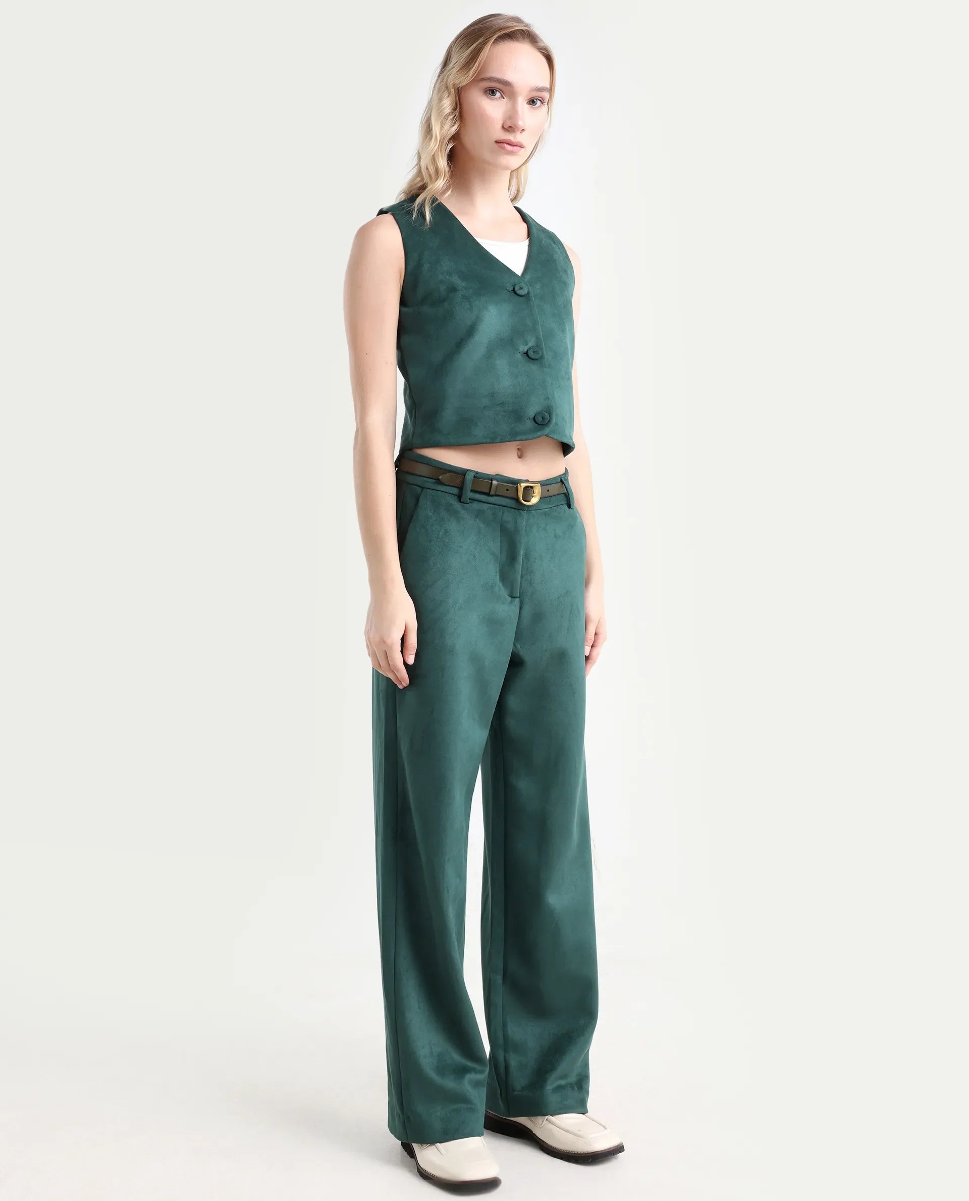 Rareism Women's Niwast-B Green Polyester Blend Straight Fit Travel Trouser