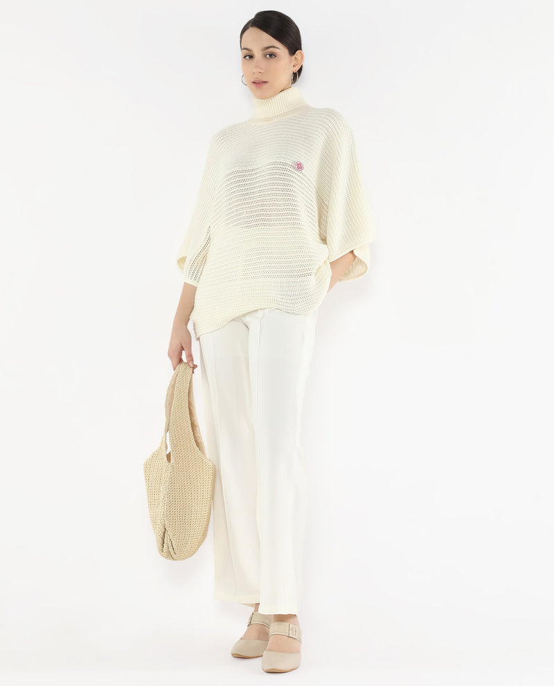 Rareism Women Oaklen Off White Acrylic Fabric Oversized Fit Plain Sweater