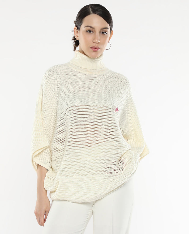 Rareism Women Oaklen Off White Acrylic Fabric Oversized Fit Plain Sweater