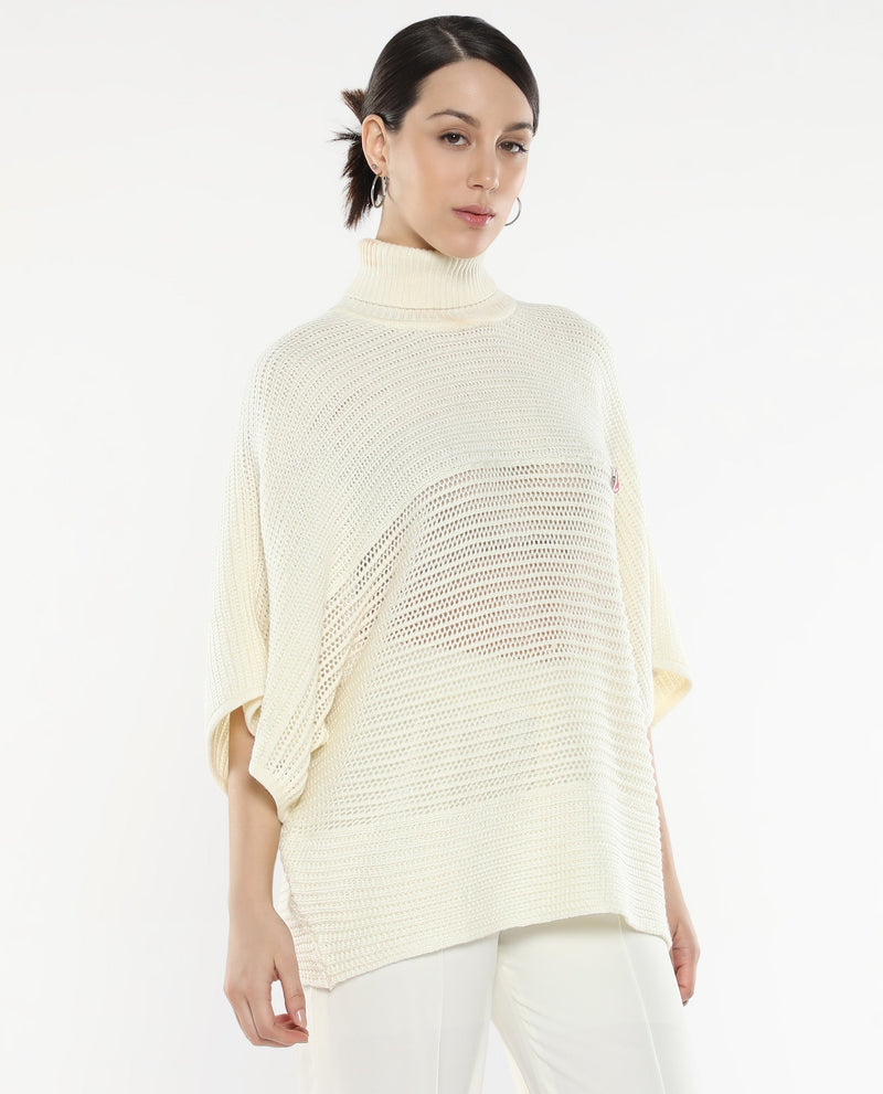 Rareism Women Oaklen Off White Acrylic Fabric Oversized Fit Plain Sweater