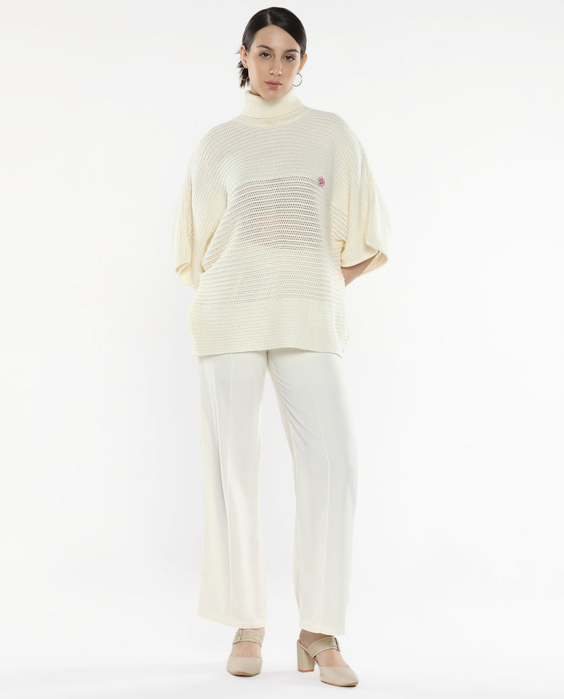 Rareism Women Oaklen Off White Acrylic Fabric Oversized Fit Plain Sweater