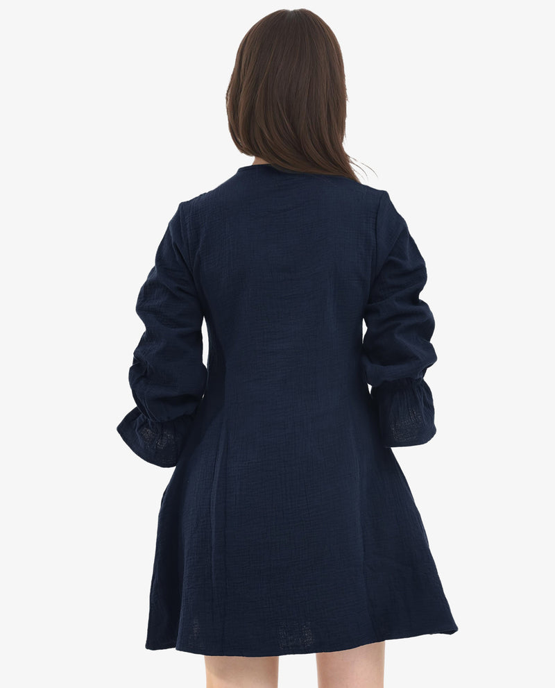 Rareism Women Oberon Navy Cotton Fabric 3/4Th Sleeve Tie-Up Neck Solid Regular Fit Dress