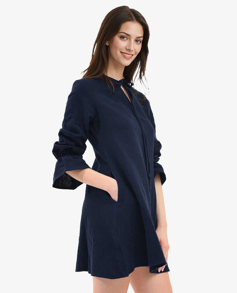 Rareism Women Oberon Navy Cotton Fabric 3/4Th Sleeve Tie-Up Neck Solid Regular Fit Dress